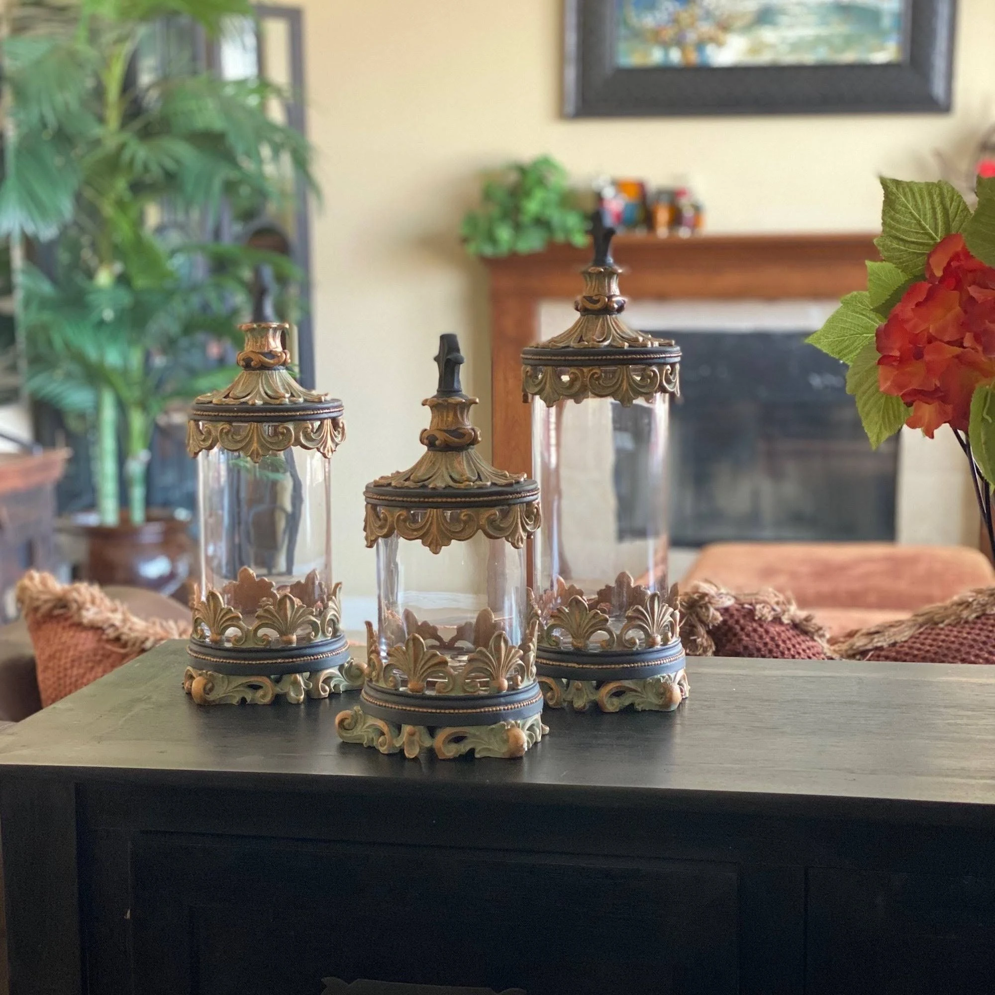 Antiqued Gold Fleur-de-lis 3-Piece Glass Cylinder Canister Set