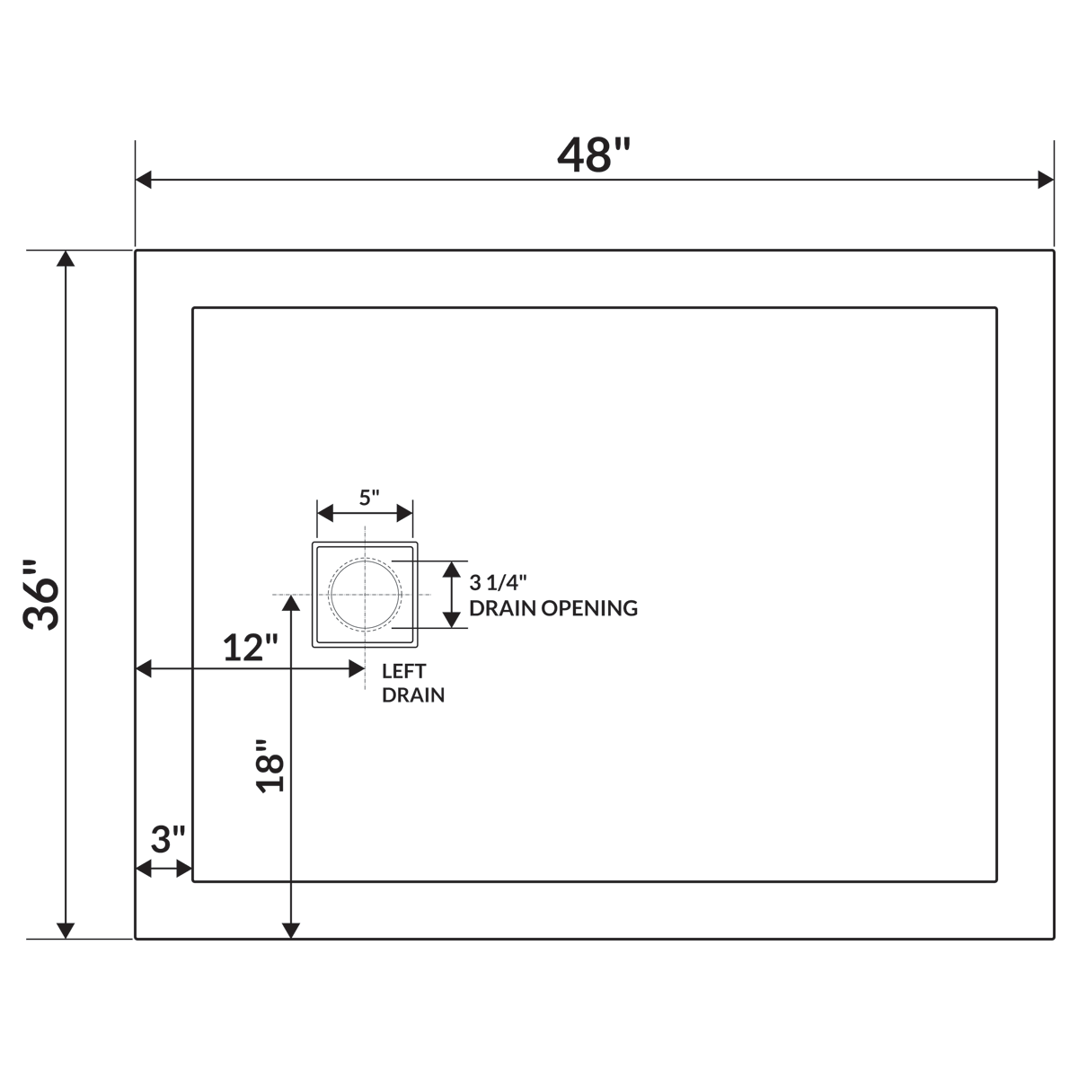 LessCare 48 x 36 Left Double Threshold Shower Pan Base Wall Corner Left Drain