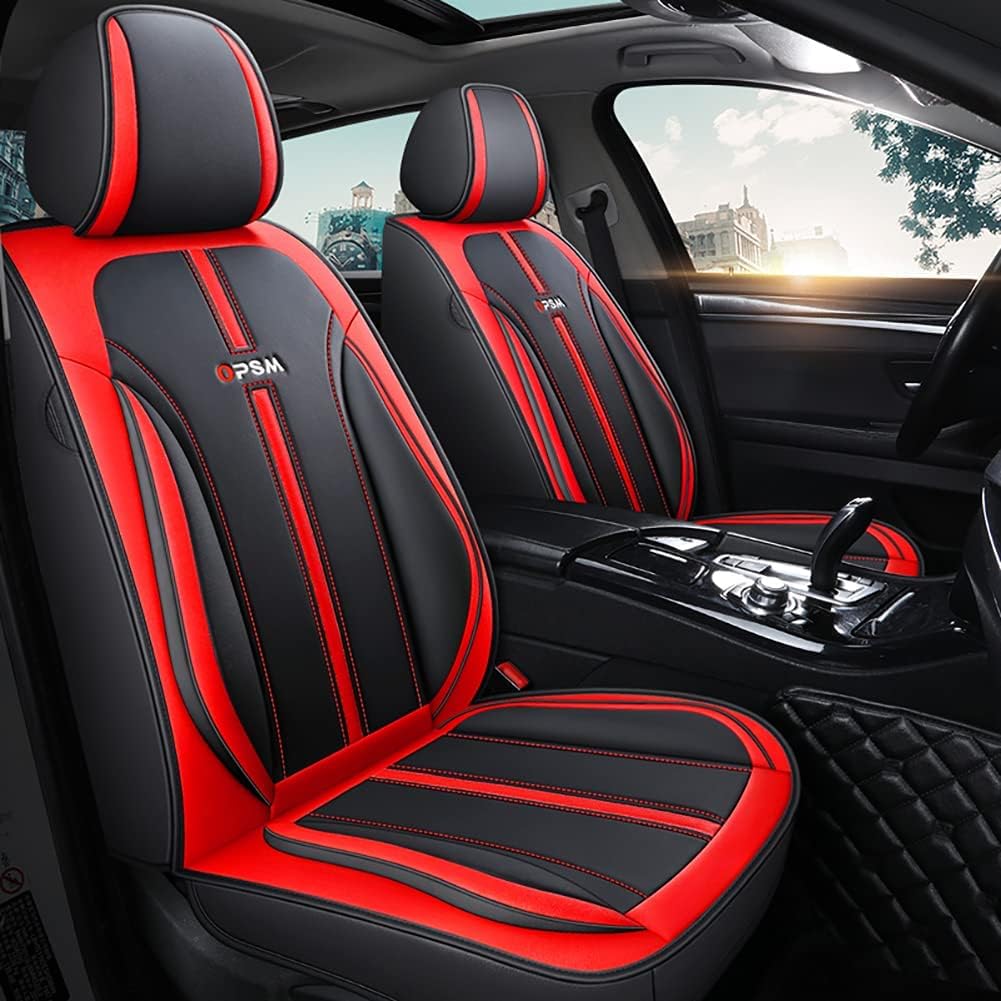 Leather Car Seat Covers 5 Seats Full Set Universal Fit(Black-Red)