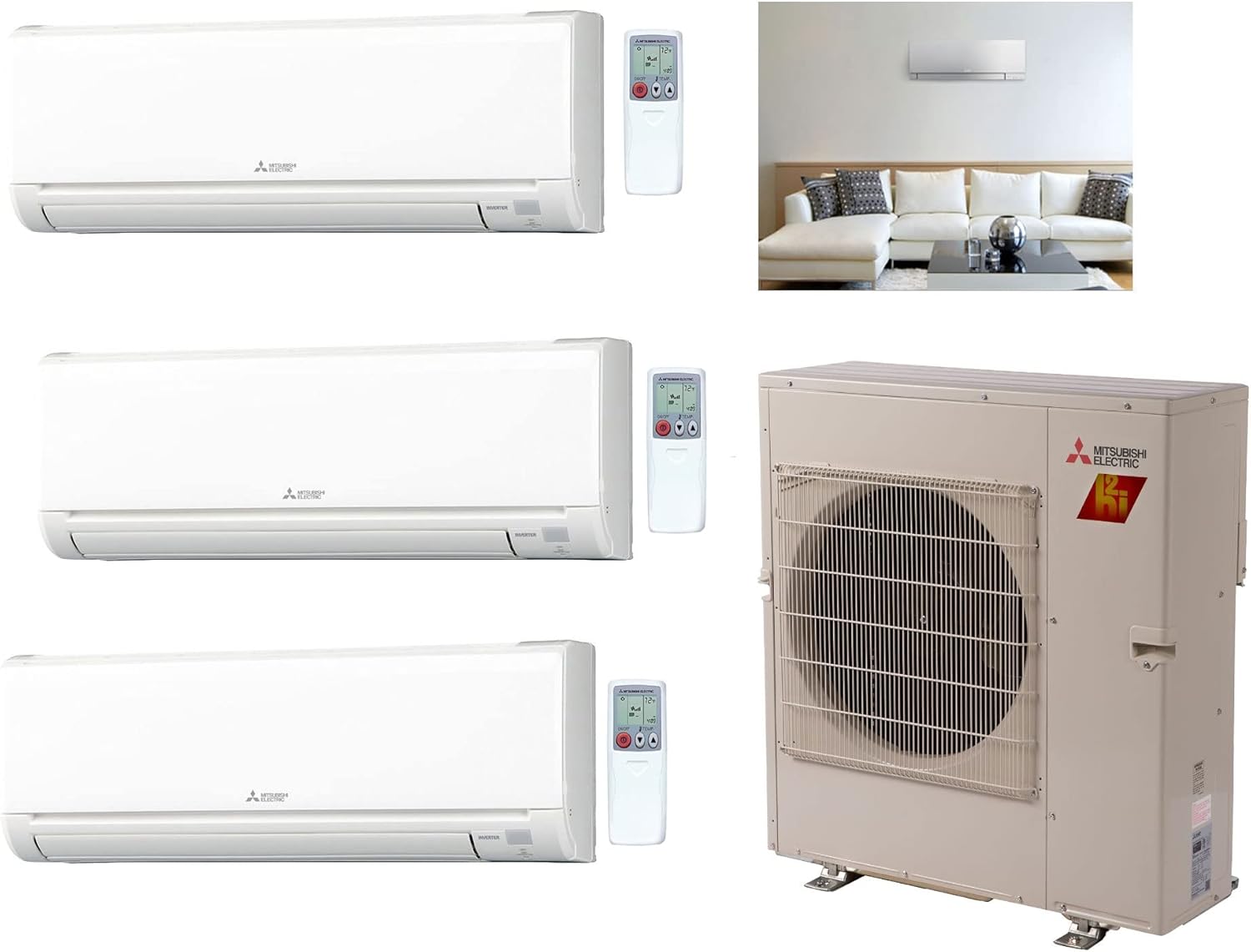 Mitsubishi 27-24,000 BTU HYPER HEAT Tri Zone Ductless Split System Wall Mount unit 3 x 9,000 BTU, SEER 19 Cool & Heat Energy Efficient ULTRA HEAT System