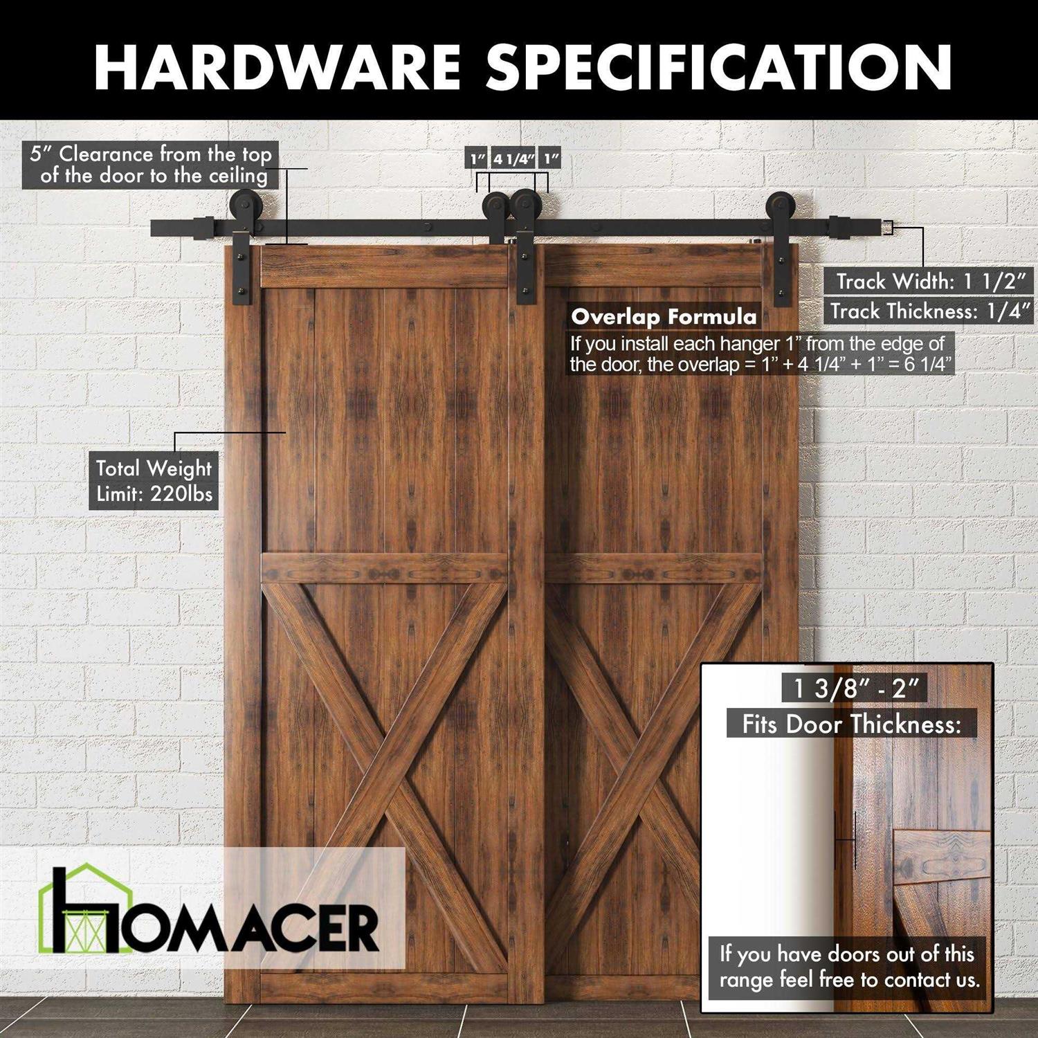Single Bypass Double Door Barn Door Hardware Kit Homacer Track Length - Shop Hardware Tools Online Store