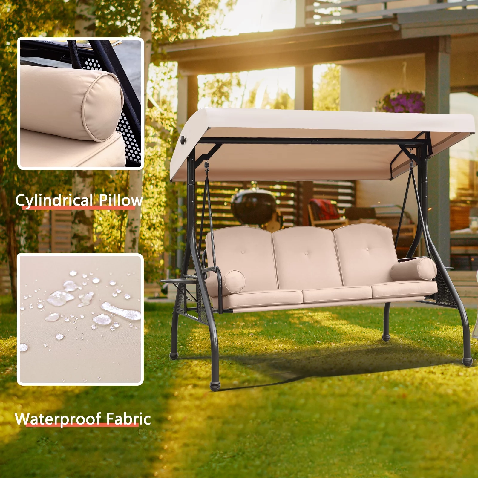 NOBLEMOOD 3-Seat Patio Porch Swing with Adjustable Canopy, Thickened Cushion & Foldable Tray, Khahi