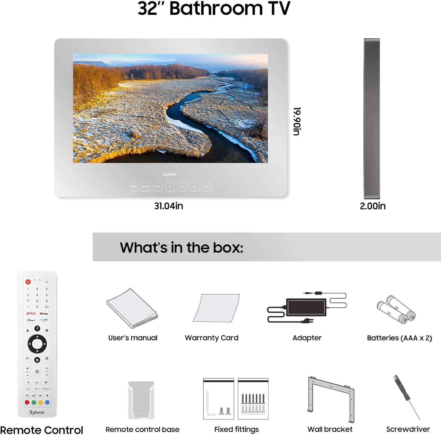 SYLVOX 32 inch Bathroom TV, 1080P Smart Mirror TV Google System NTSC & ATSC Tuner Support WiFi Bluetooth 500 nits High Brightness, IP66 Waterproof TV for Bathroom Bathtub Hotel Shower Spa (Wall Mount)