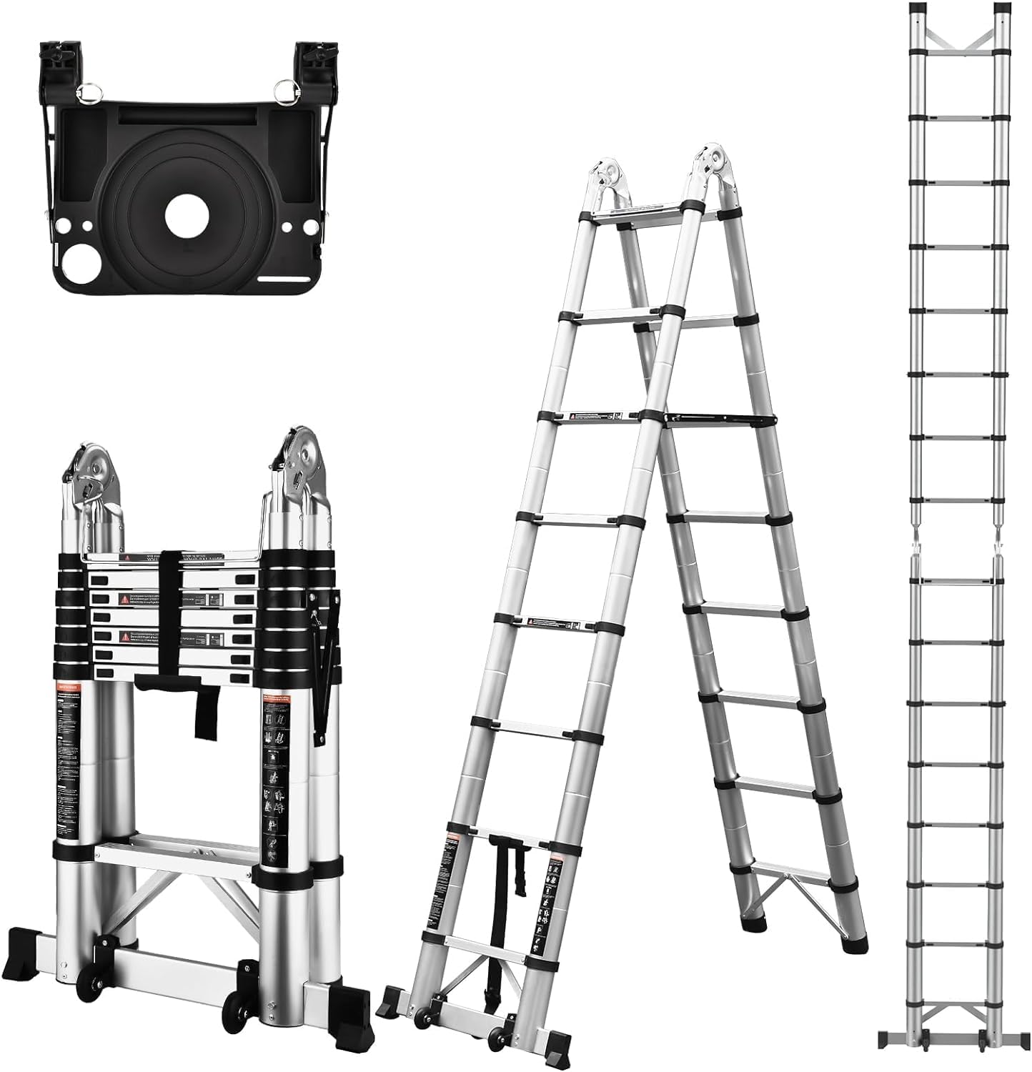 16.5 Ft Telescoping Ladder, A Frame Extension Ladder, Portable Collapsible RV Ladder with Wheels, Stabilizer Bar and , Aluminum Telescopic Ladder for Homework 330lb Capacity