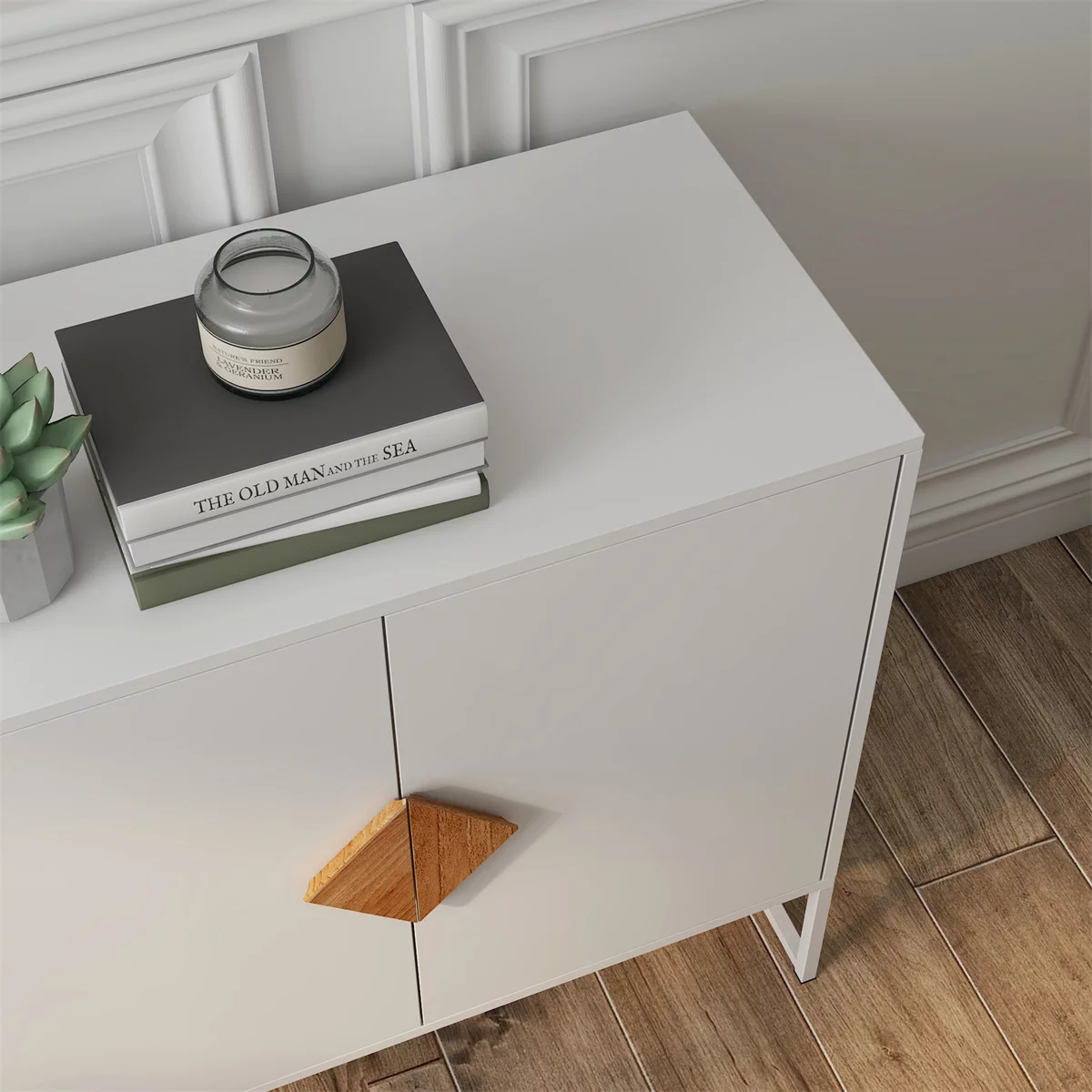 Astarth Storage Sideboard Cabinet White Modern 4 Doors Kitchen Buffet Cabinet Television Tables Entryway Cupboard Furniture with Solid Wood Square Handles and Metal Legs