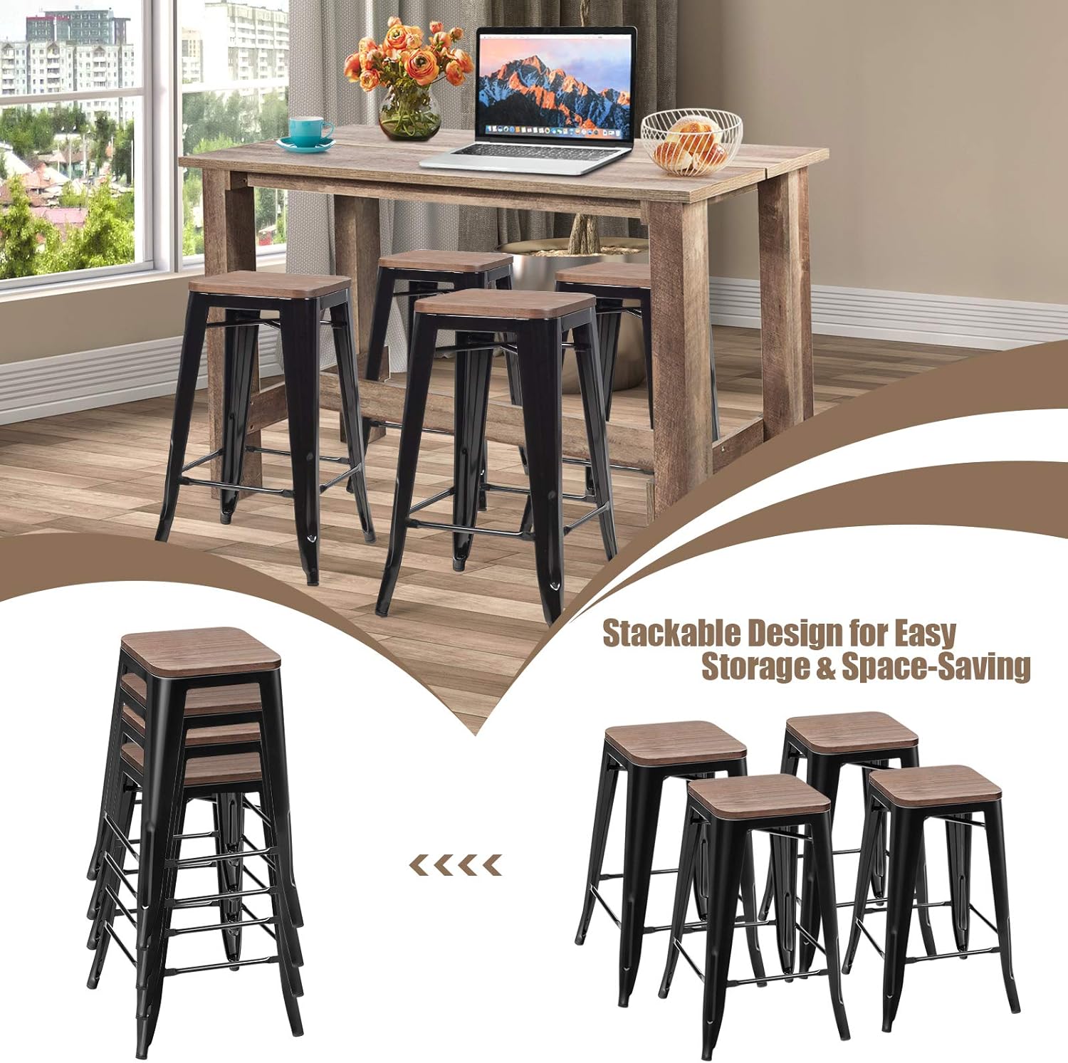 COSTWAY 5 Pcs Dining Table Set, Industrial Counter Height Dining Set with Wooden Table and 4 Metal Backless Barstools, Modern Kitchen Table and Chairs Set for Patio Bistro Restaurant Cafe
