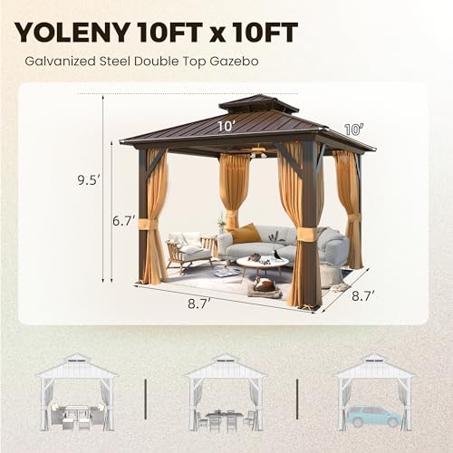 YOLENY 10' x 12' Hardtop Gazebo, Wood-Looking Gazebo with Galvanized Steel Double Roof, Aluminum Frame, Permanent Metal Pavilion with Netting and Curtains for Deck, Backyard, Patio and Lawns