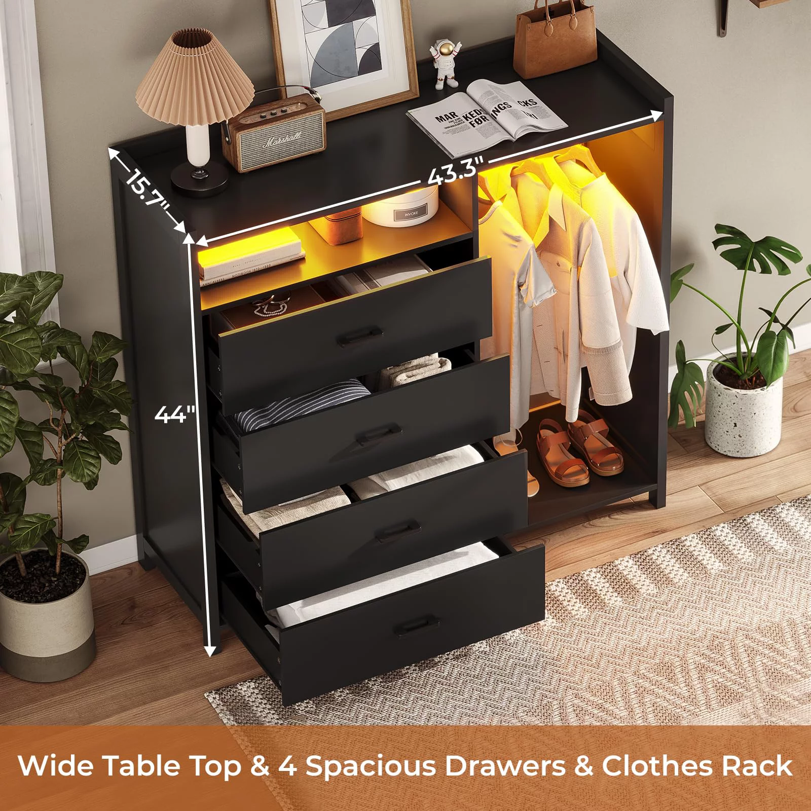 Afuhokles 4 Drawer Dresser for Bedroom with Clothing Rack, Dressers and Chests of Drawers with LED Lights, Modern Long Led Dresser for Bedroom Closet, Black