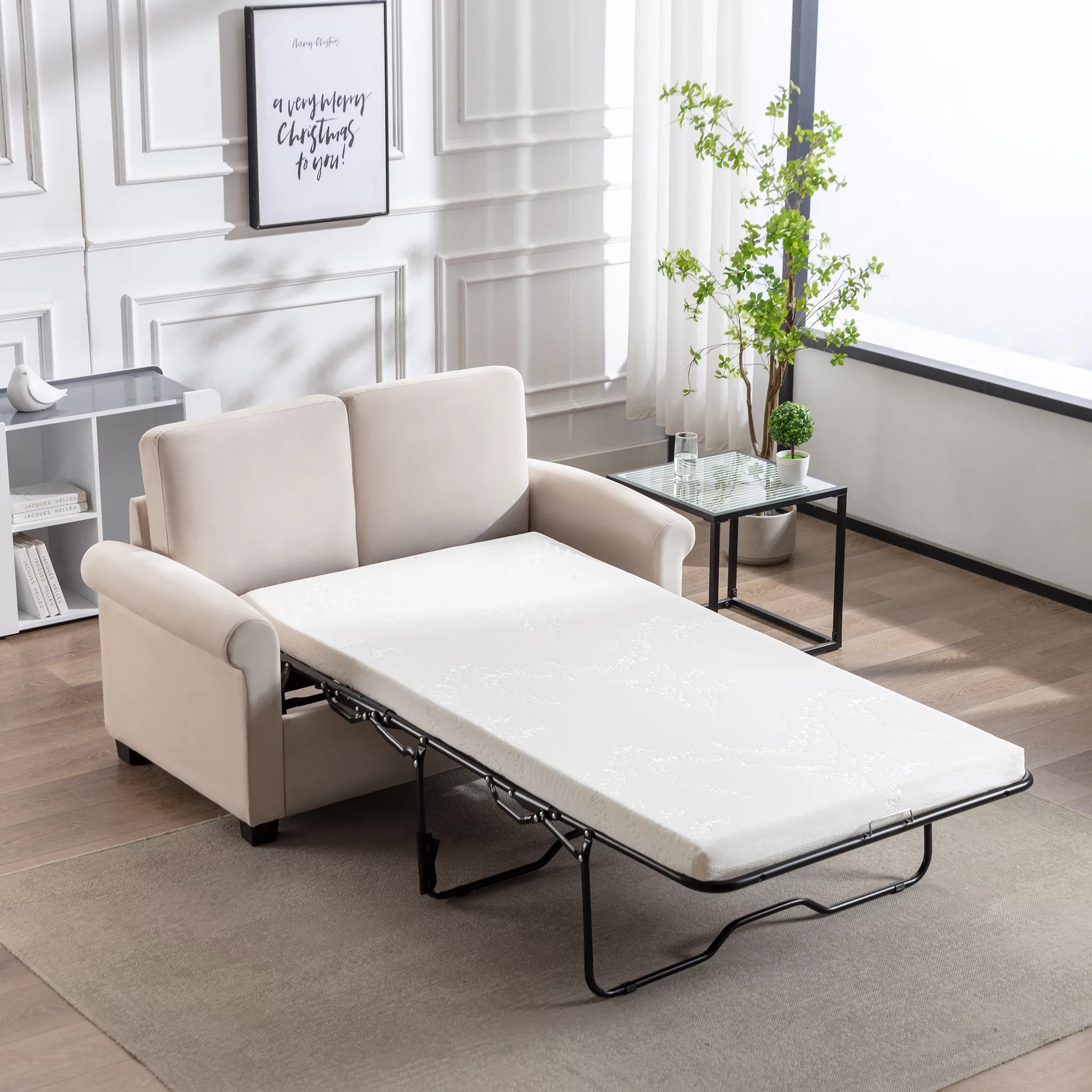 CoSoTower 58.3" Pull Out Sofa Bed,Sleeper Sofa Bed with Premium Twin Size Mattress Pad,2-in-1 Pull Out Couch Bed,Loveseat Sleeper for Living Room,Small Apartment, Beige White