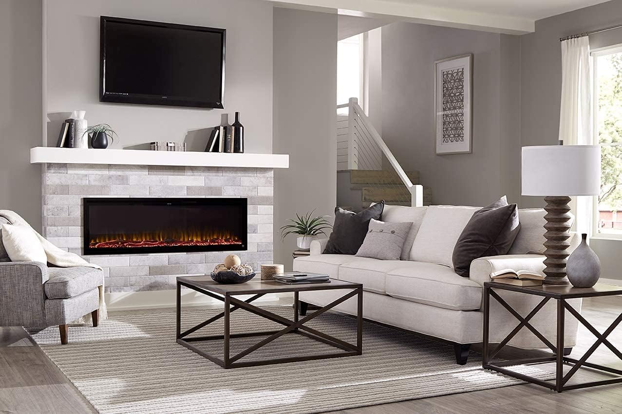 Touchstone Fireplace and Encase Mantel Bundle - The Sideline Elite 60 Inch Wide Smart Electric Fireplace and Natural Finish 72 Inch Encase Wood Mantel