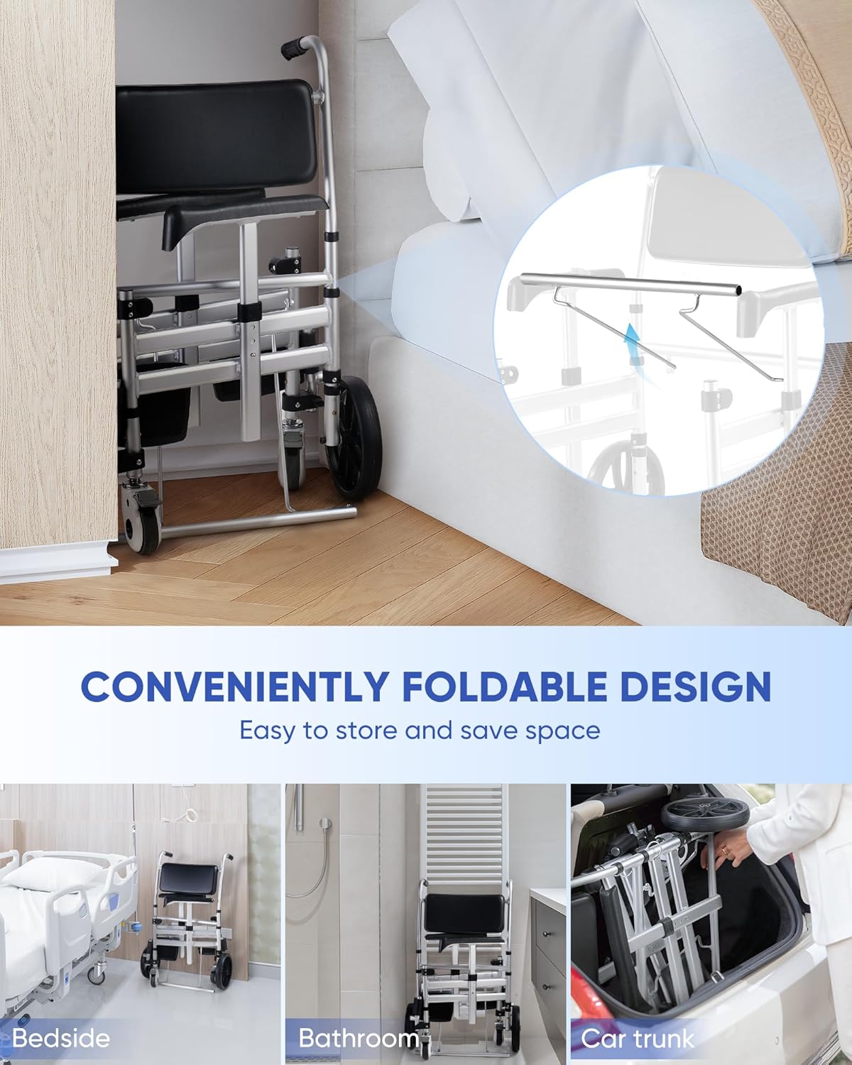 Foldable Shower Chair with Wheels, Hybodies 3 in 1 Multifunctional Aluminum Shower Wheel, Transport Chair, Commode, Rolling Bath Chair for Handicap & Elderly