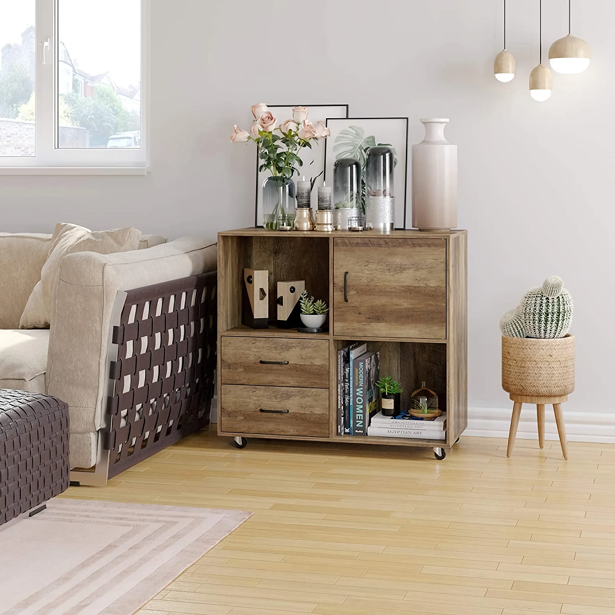 Wooden File Cabinet, Lateral Filing Cabinet Printer Stand with Wheels, 2 Drawers, Storage Shelves, Door Cabinet for Home, Office