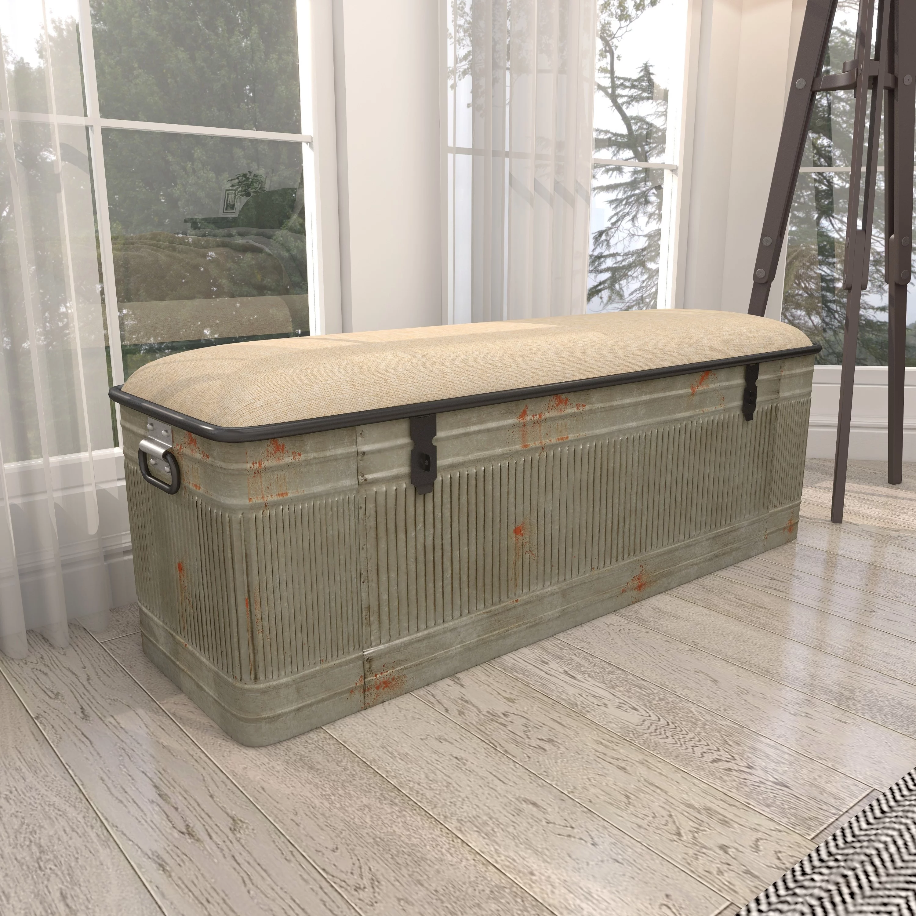 DecMode Metal Galvanized Storage Bench with Cream Burlap Top, Gray