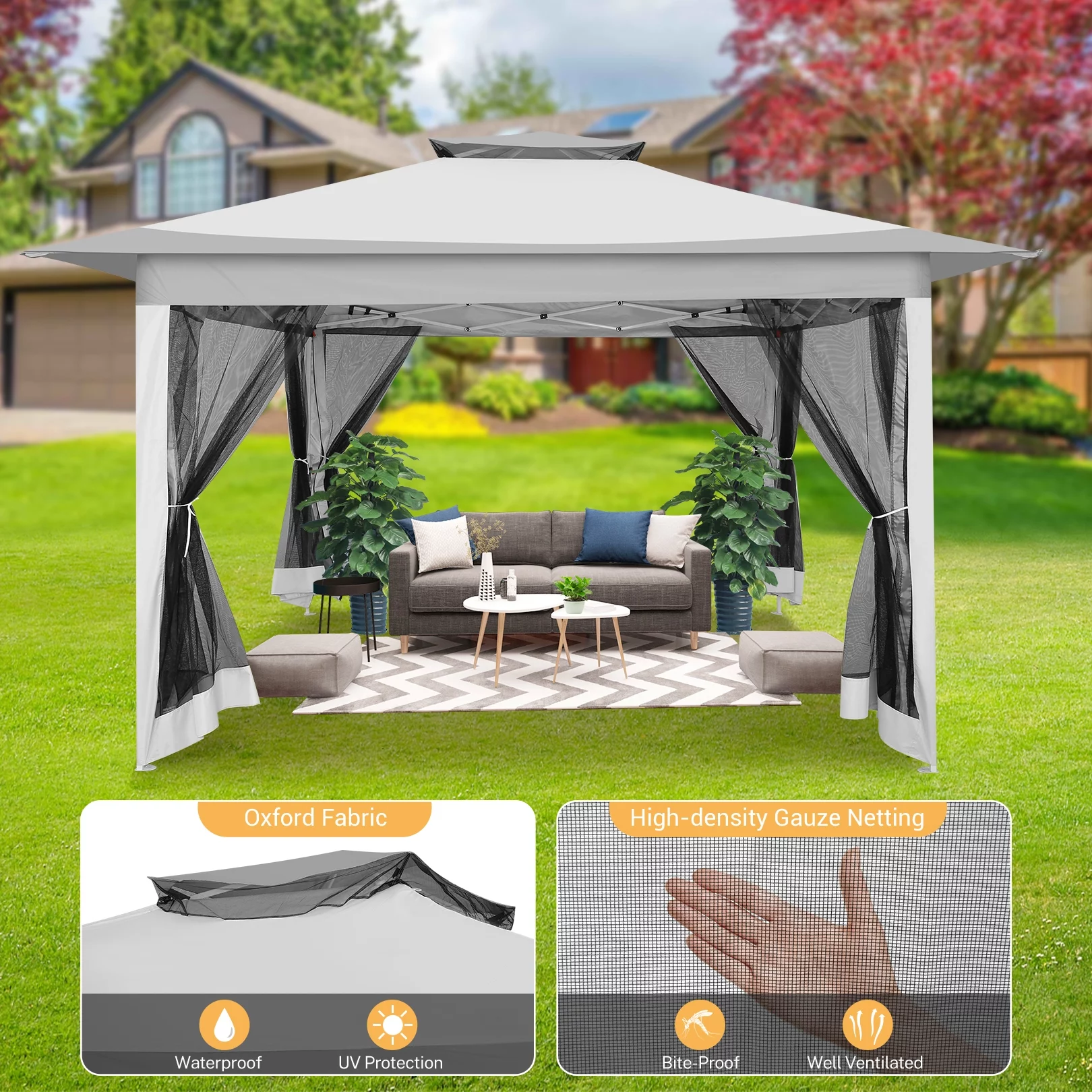 SANOPY 12x12FT Outdoor Gazebo Pop Up Gazebo with Mosquito Netting, Instant Patio Canopy Tent for Shade and Rain, 2 Tiered Vente Gazebo Canopy UPF 50+ for Garden Backyard with Carry Bag&4 Sandbags