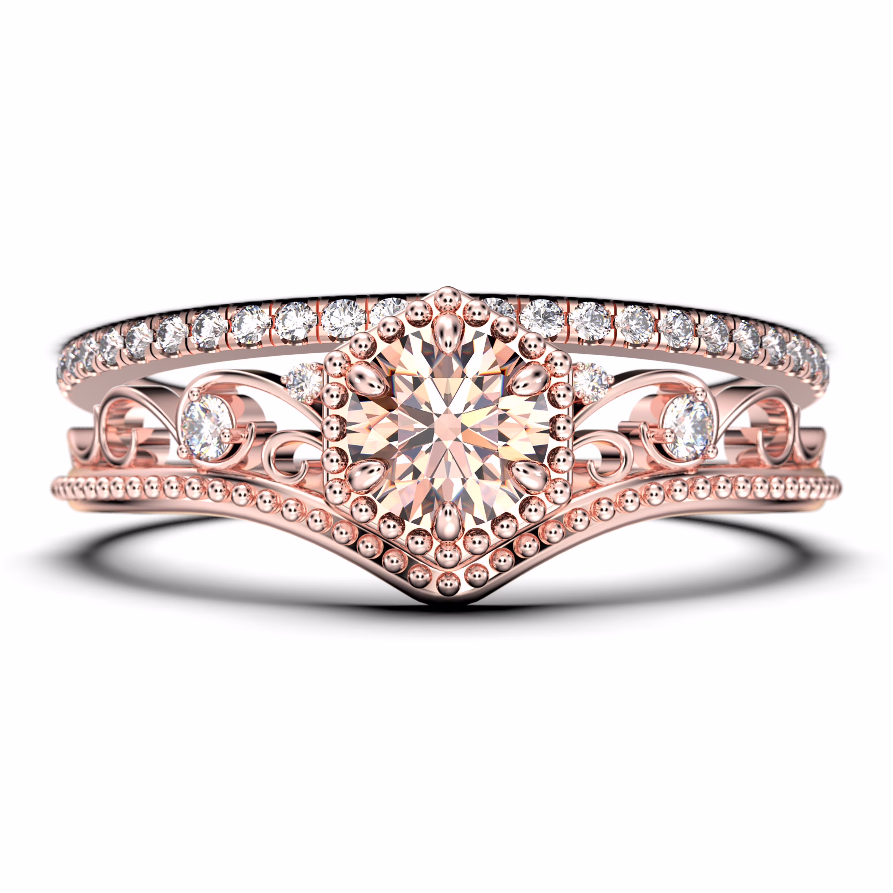 Antique Art Deco 2.00 Carat Round Cut Crown Morganite And Diamond Moissanite Engagement Ring, Wedding Ring, One Matching Band in 925 Sterling Silver With 18k Rose Gold Plating, Promise Ring