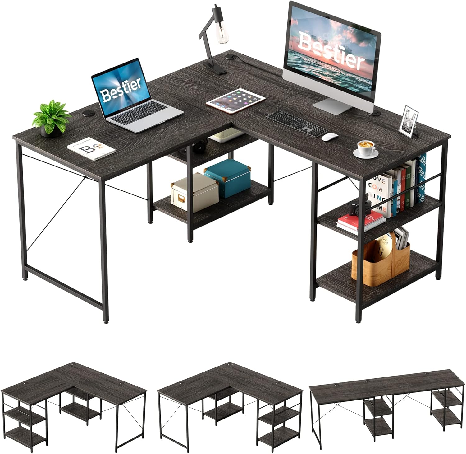 Bestier L Shaped Desk with Shelves 95.2 Inch Reversible Corner Computer Desk or 2 Person Long Table for Home Office Large Gaming Writing Storage Workstation P2 Board with 3 Cable Holes, Rustic Brown