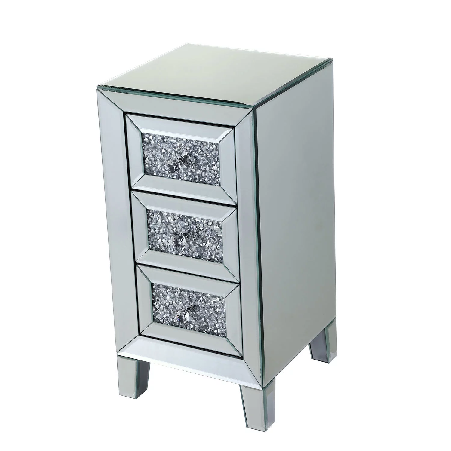 LANTRO JS Modern Mirrored Nightstand, Sofa Side Table with 3 Crystal Diamond Drawers, End Table for Bedroom Living Room Furniture