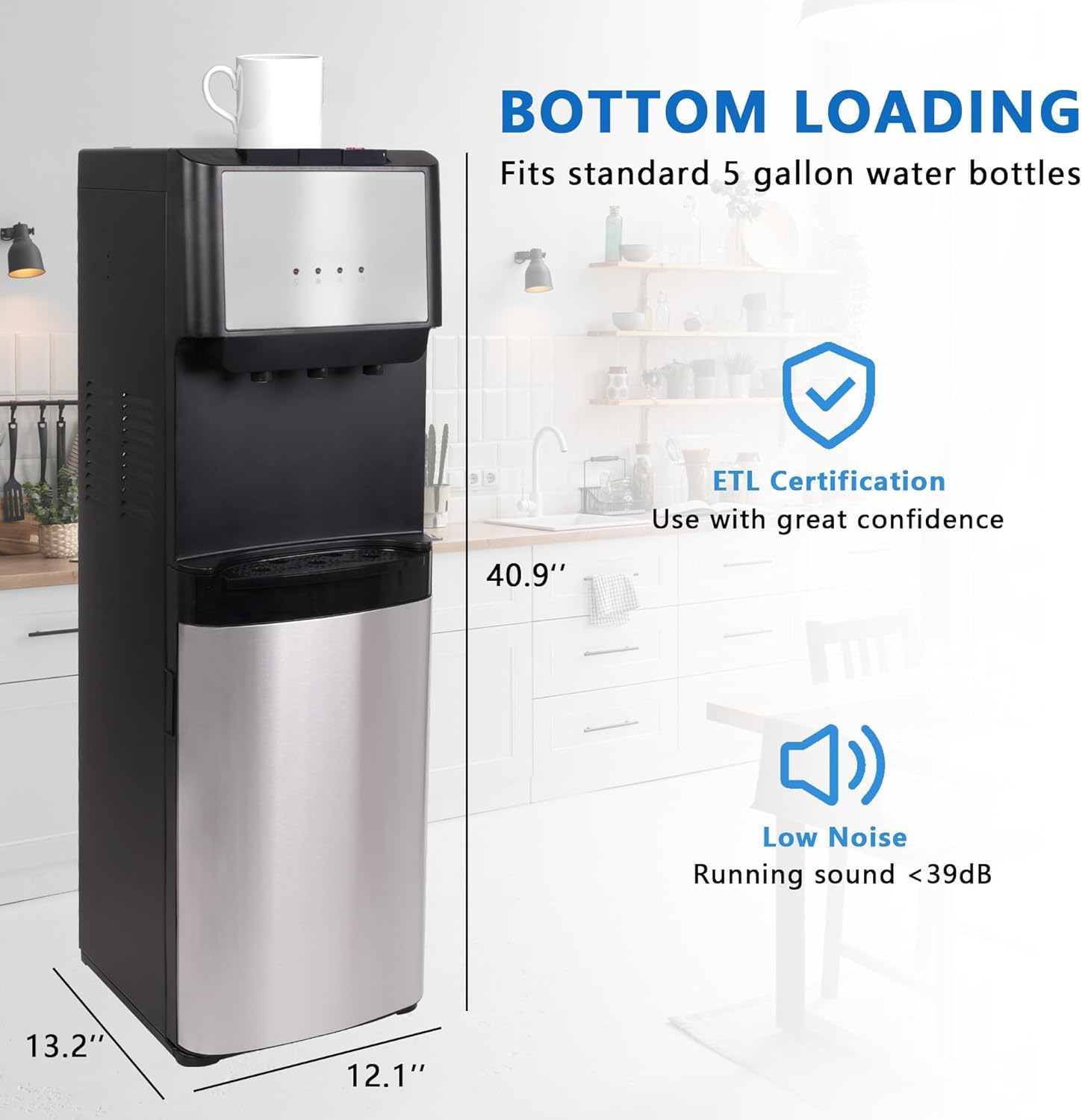 Bottom Loading Water Cooler Dispenser, 5 Gallon Bottles - Hot, Cold & Room Water Dispenser with 3-Temperature, Child Safety Lock, Removable Drip Tray, Black & Stainless
