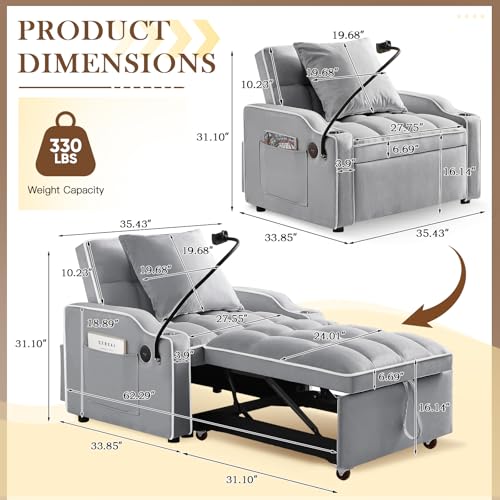 Convertible Sleeper Sofa Bed, 3 in 1 Velvet Pull Out Loveseat Couch Modern Comfy Futon Sofa with Adjustable Backrest & Phone Holder & USB Charging Space Saving for Living Room, Small Apartment, Grey