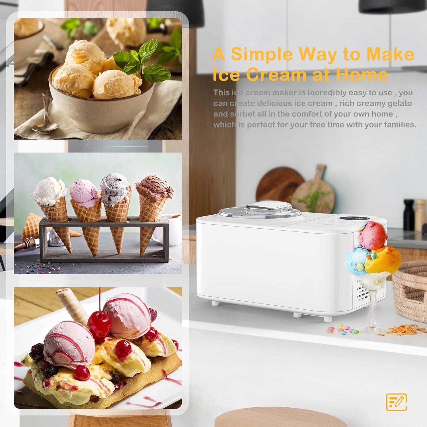 Ice Cream Maker, UKKISO 1.2 Quart Automatic Electronic Gelato Maker With LCD Display, Built-In Compressor, Portable Homemade Dessert Maker with Spoon, Ice Cream Machine for Home, Dorm (White)
