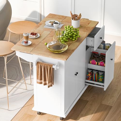 LUMISOL Kitchen Cart with Wood Top, Rolling Kitchen Island Cart with Spice Rack, Towel Rack and 4 Drawers, Storage Cabinet with Open Shelves and Door