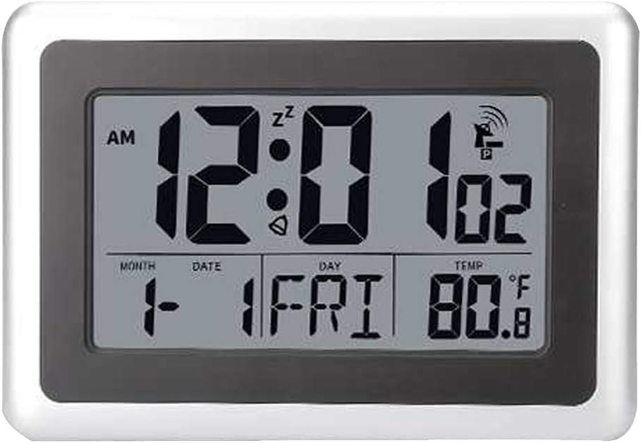 Atomic Wall Desk Clock Large Display with Indoor Outdoor Temperature Date Calendar, Digital Alarm Clock Battery Operated Without Backlight for Kitchen Bedroom