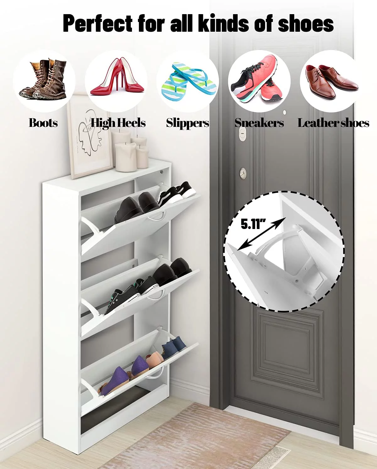 LAZZO Shoe Cabinet for Entryway, White Narrow Shoe Storage Cabinet Flip Down Shoe Rack Wood 3 Tier Shoe Organizer for Home and Apartment