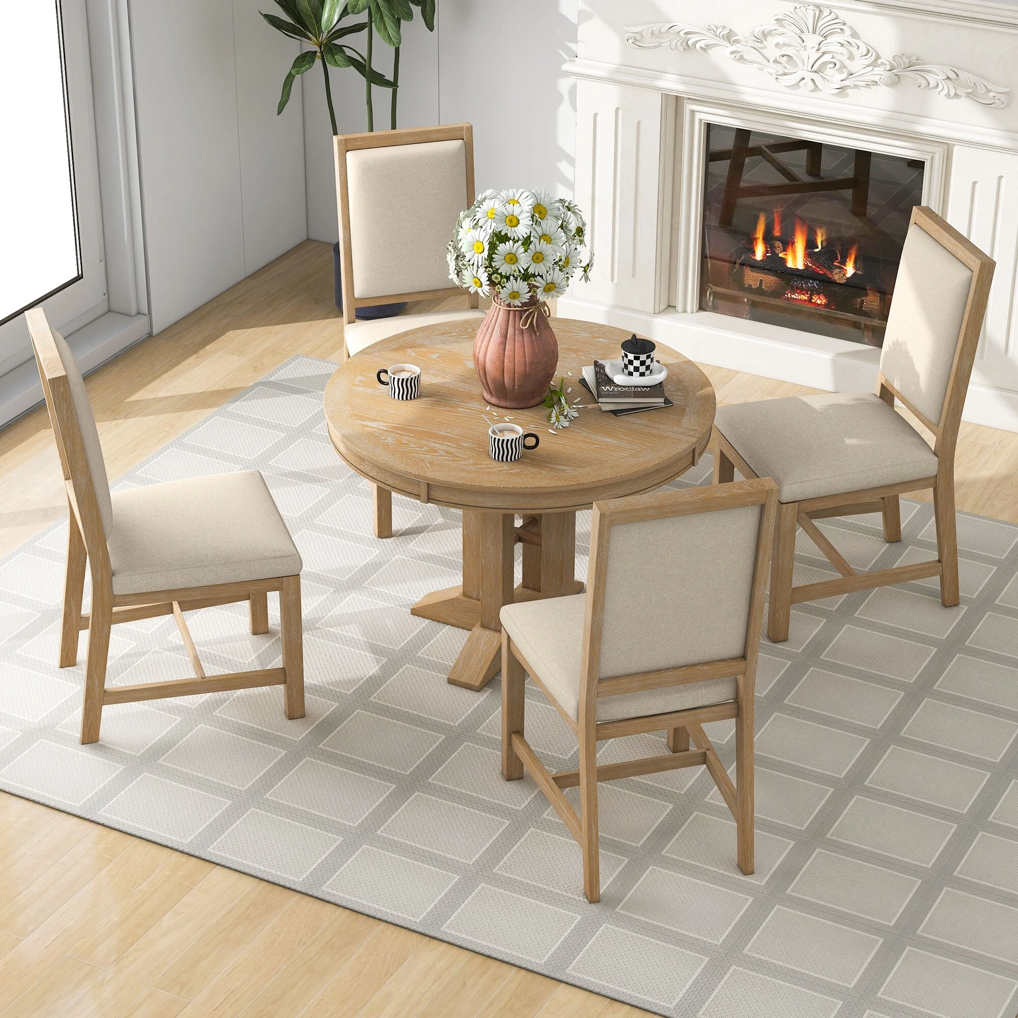 Nestfair  5-Piece Dining Set with Extendable Round Table and 4 Upholstered Chairs Natural Wood Wash