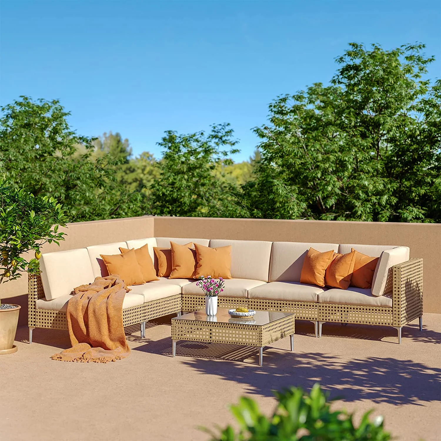 Grand Patio 7-Piece Wicker Patio Furniture Set, All-Weather Outdoor Conversation Set Sectional Sofa with Water Resistant Beige Thick Cushions and Coffee Table