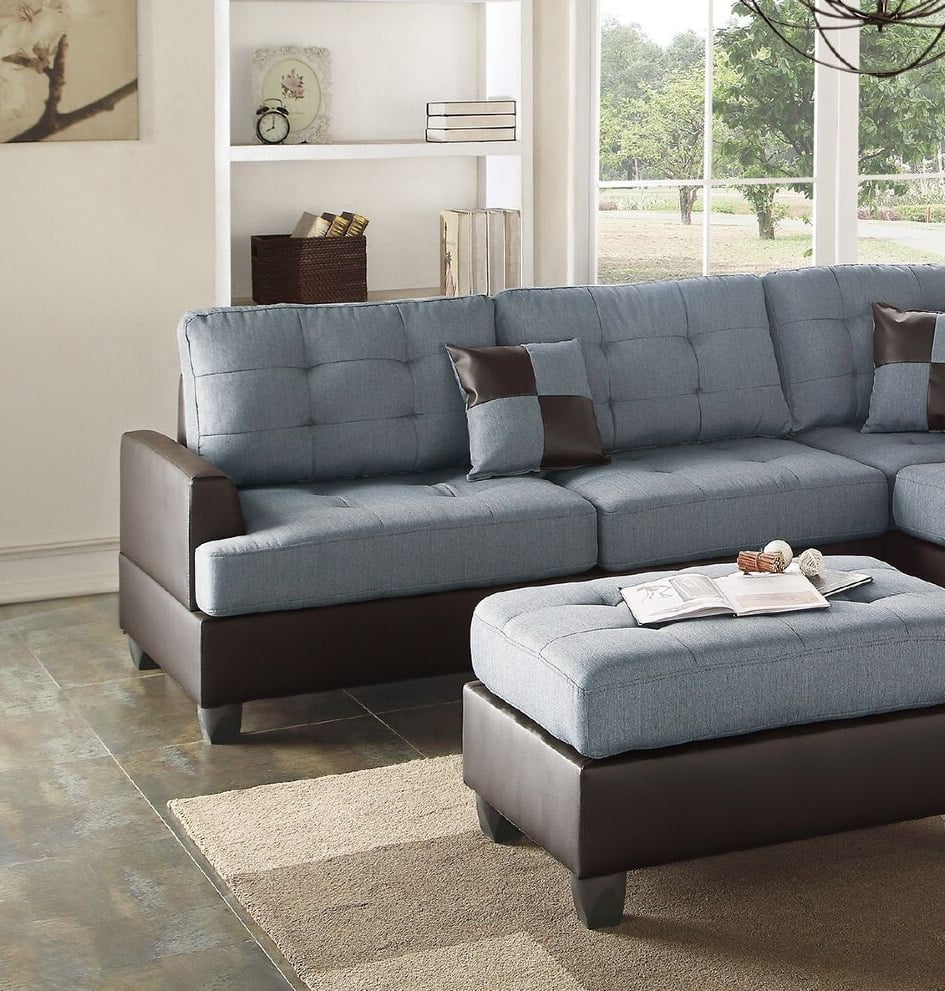 Sectional Sofa Set Contemporary Grey Linen Like Fabric Sofa Chaise Ottoman Tufted Comfort Couch Living Room Furniture