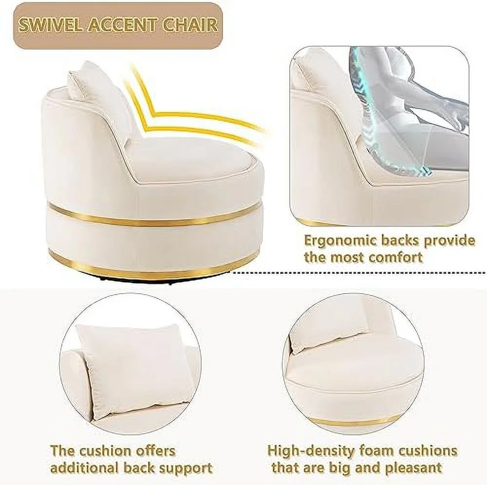HOOMHIBIU Swivel Accent Chair - Velvet Boucle Round Barrel Chair with Pillow  Oversized Cozy Single Sofa for Living Room  Bedroom with  Degree Rotation and Sturdy Stainless Steel Base (Wh