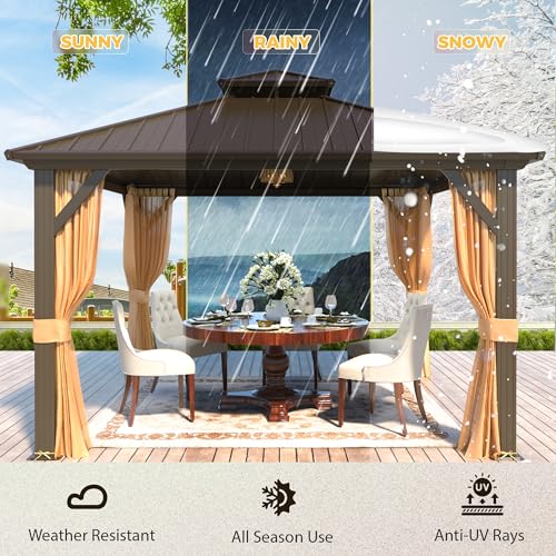 YOLENY 10' x 12' Hardtop Gazebo, Wood-Looking Gazebo with Galvanized Steel Double Roof, Aluminum Frame, Permanent Metal Pavilion with Netting and Curtains for Deck, Backyard, Patio and Lawns