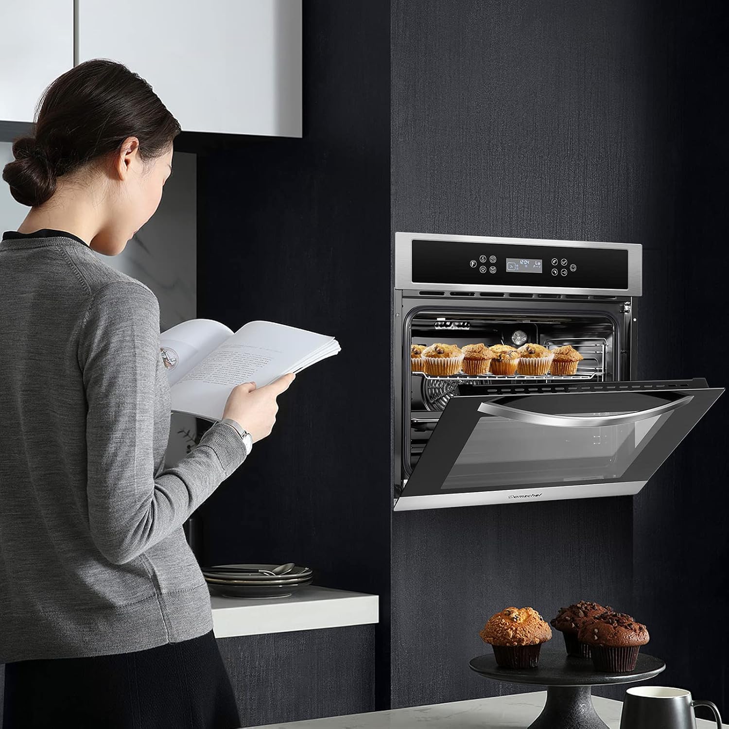 AMZCHEF Single Wall Oven 24" Built-in Electric Ovens with 11 Functions, 8 Automatic Recipes, 2800W, 240V, 2.5Cu.f Convection Wall Oven in Stainless Steel, Touch Control, Timer, Safety Lock