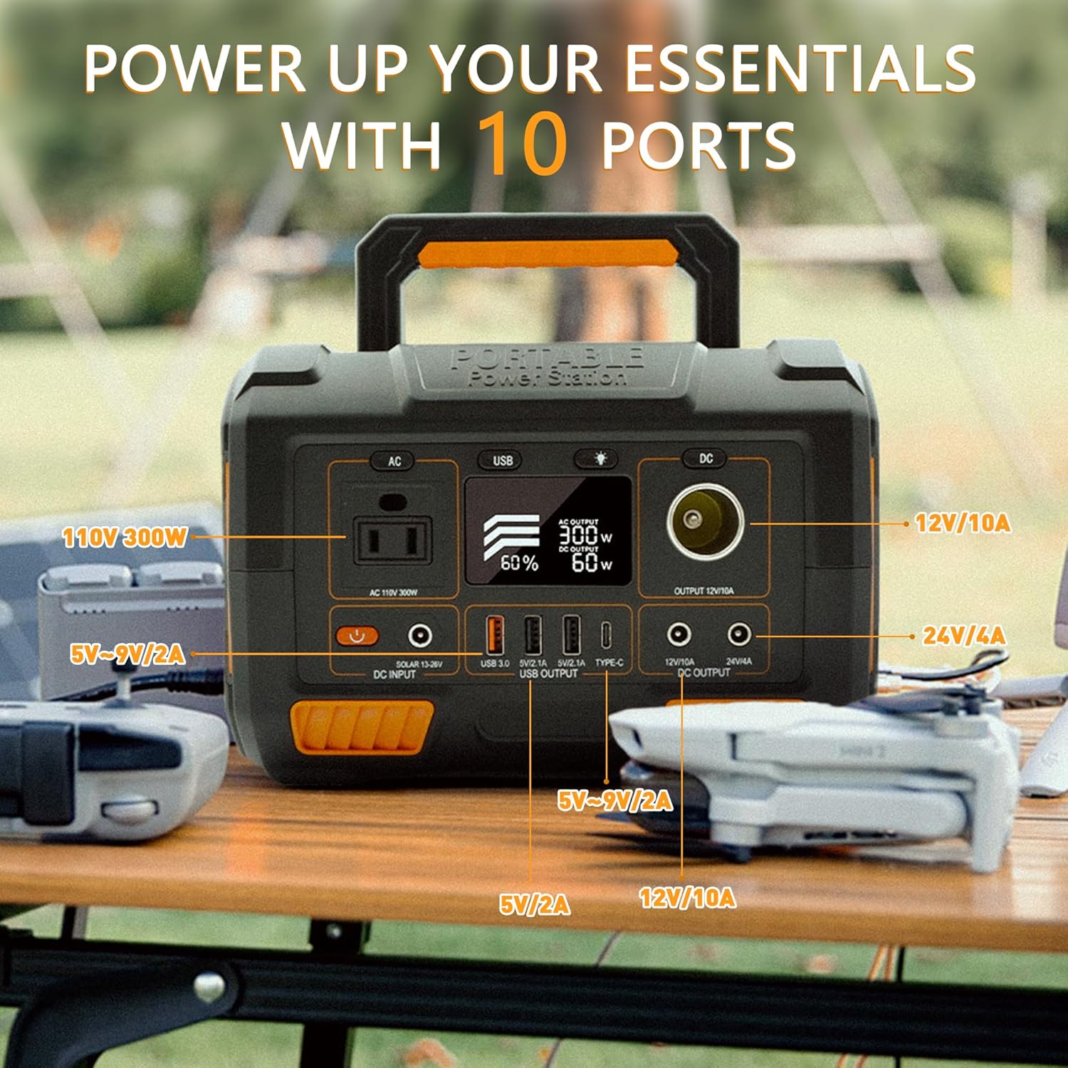 Portable Power Station 300W, 288Wh/78000mAh Solar Generator with 110V AC Outlet/3 DC Ports/4 USB Ports, Flashlight, Wireless Charging, Backup Battery for Outdoors Camping Travel Hunting Home