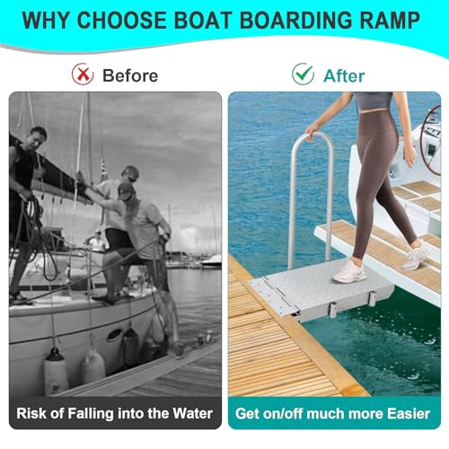 Boat Boarding Platform with Handrail, Dock Extension Step with Safety Grab Bar, Folding Dock Boarding Platform for Marina, Dock, Deck, Boat, Silver