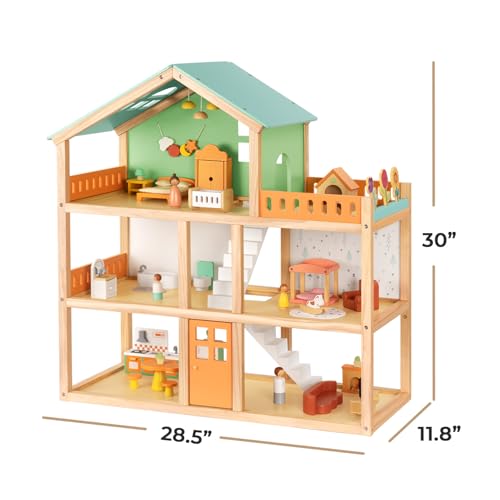 OOOK Large Wooden Dollhouse with 42 Pcs Luxurious Furniture Accessories, 3-Story Doll House 6 Rooms Balcony Wooden Stairs, Ideal Modern Dollhouse for Toddlers 3-5