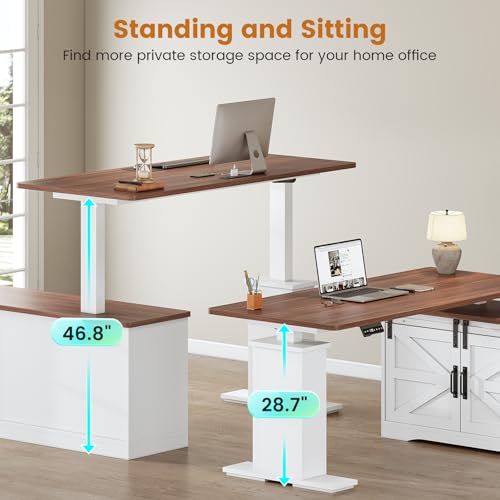 SEDETA Farmhouse L Shaped Standing Desk, 55 inch Height Adjustable Corner Desk with Storage Drawers, Standing Computer Desks with Power Outlets for Home Office, Black
