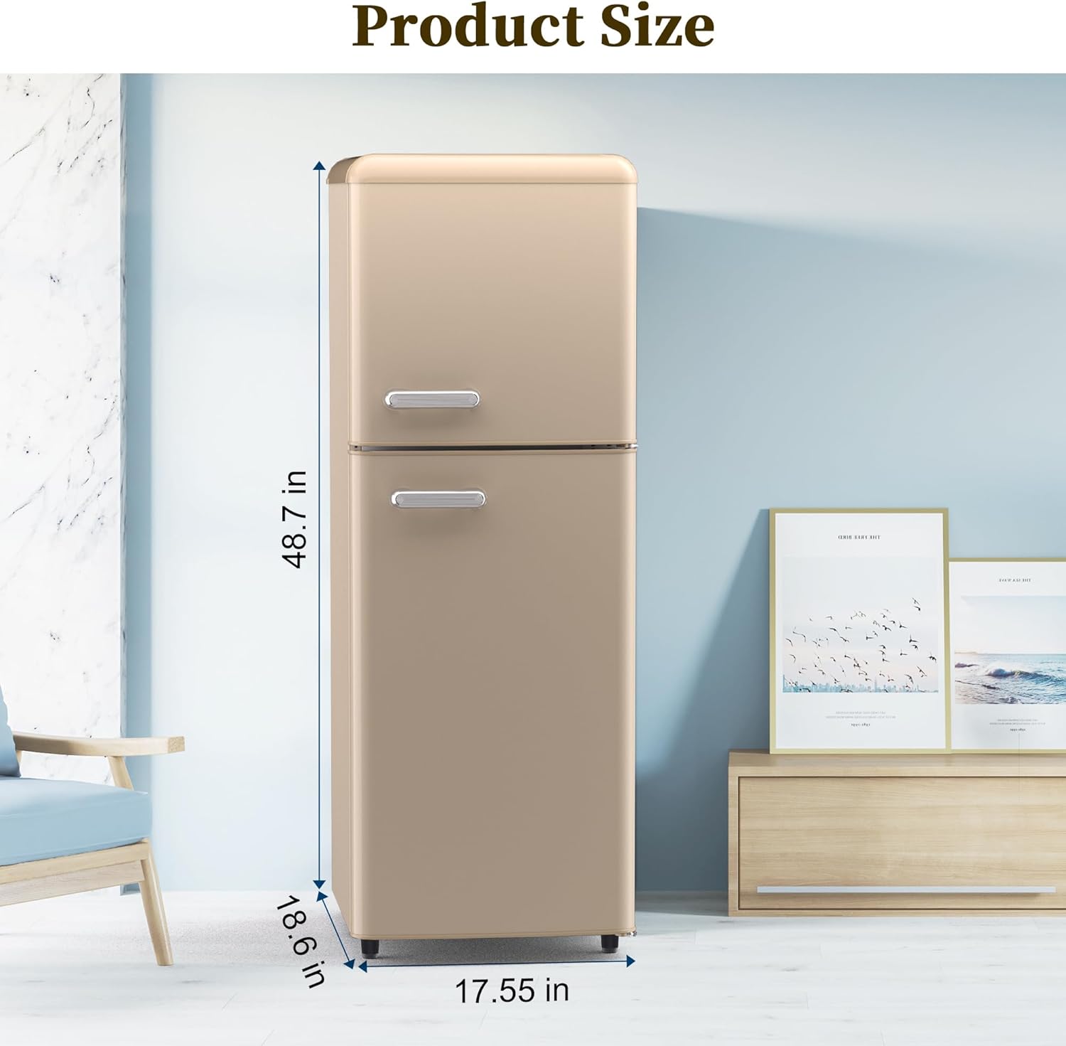 Retro Mini Fridge with Freezer for Dorm,4.2 Cu. Ft. Mini Fridge with Freezer Retro Style Double Door Small Fridge with Adjustable Thermostat, Retro Dorm Fridge with Freezer for Apartment,Office(Gold)