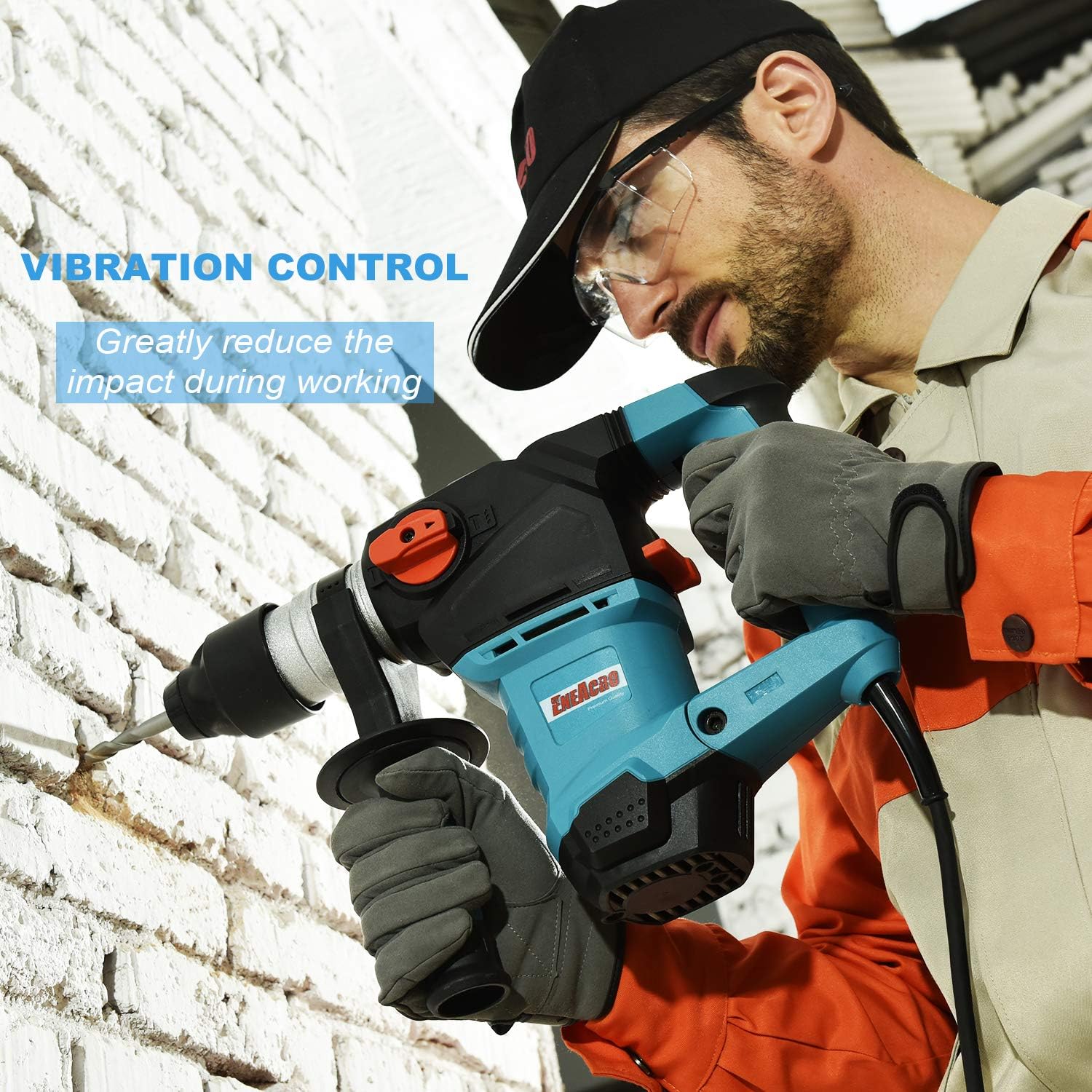 ENEACRO 1-1/4 Inch SDS-Plus 12.5 Amp Heavy Duty Rotary Hammer Drill, Safety Clutch 3 Functions with Vibration Control Including Grease, Chisels and Drill Bits with Case