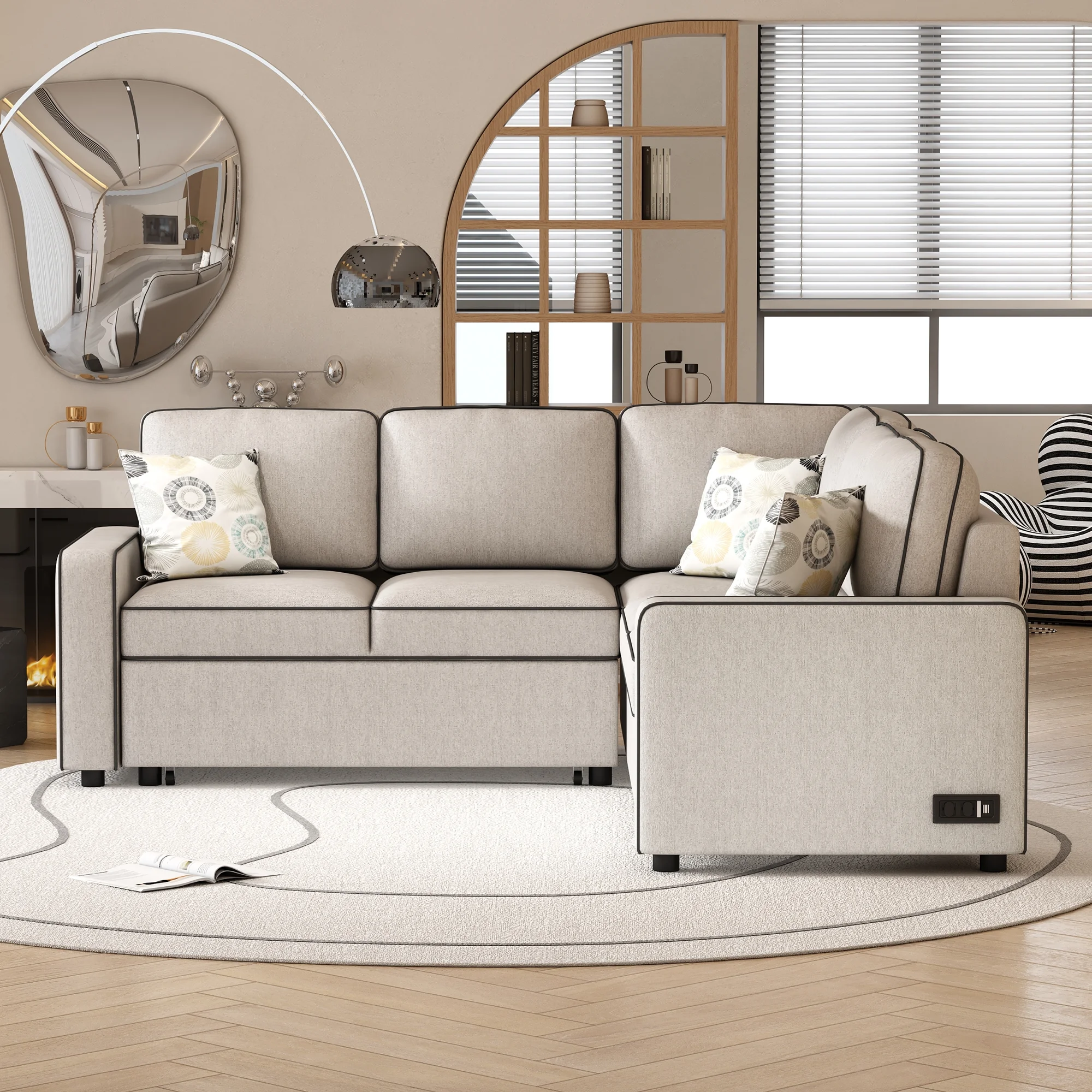 Euroco 5 Seat Pull Out Sofa Bed L-Shaped Sofa with 2 USB Ports, Sockets, Pillows, 83" Convertible Sleeper Sofa for Living Room, Bedroom, Office, Cream