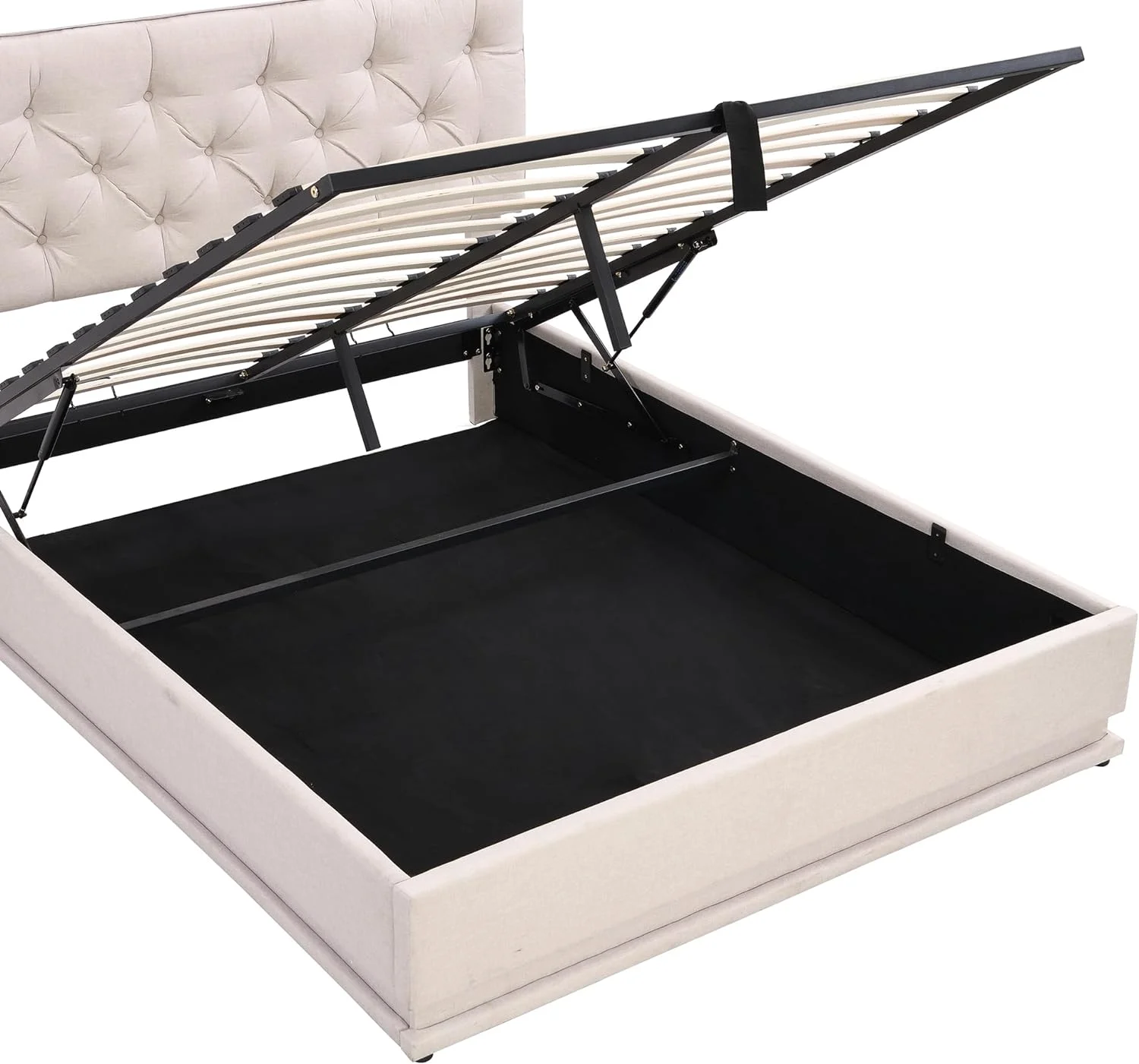 Queen Upholstered Bed With Lift Up Storage And LED Light, Modern Queen Platform Bed With Button-Tufted Headboard, Wood Queen Size Bed Frame For Bedroom, Linen, Beige, HZG-SF000039AAA