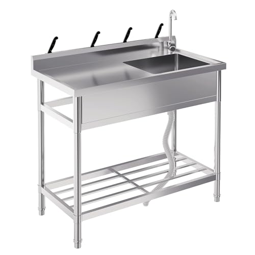Stainless Steel Free-Standing Utility Sink, Single Bowl Freestanding Laundry Sink with Faucet, Drainboard, Storage, Hot & Cold Water Plumbing for Restaurant, Workshop, Home, 24x20x41 in