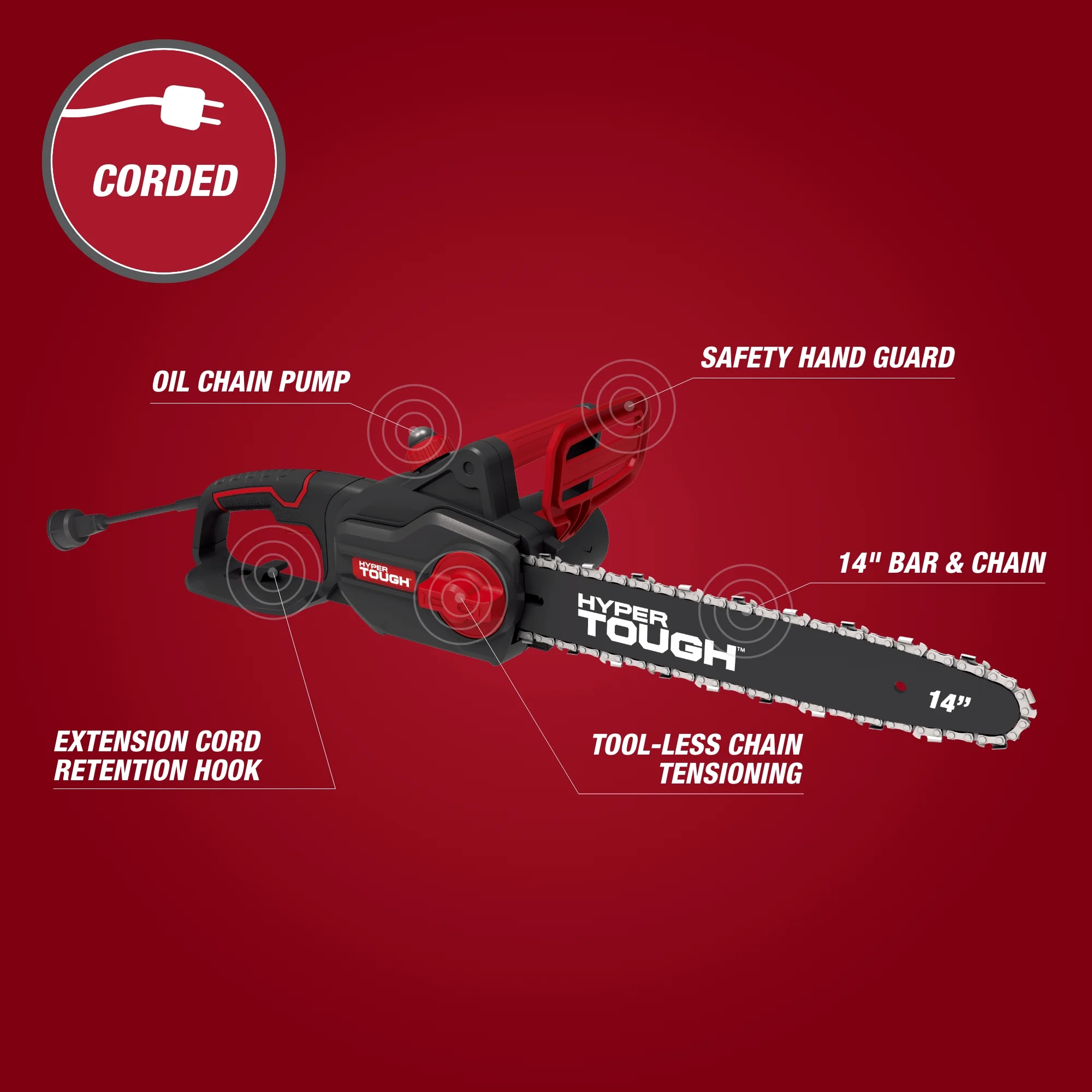 Hyper Tough 16-Inch Electric Chainsaw, 15-Amp Motor with Automatic Oiler, Tool-less Chain Tension, Metal Bucking Spikes included