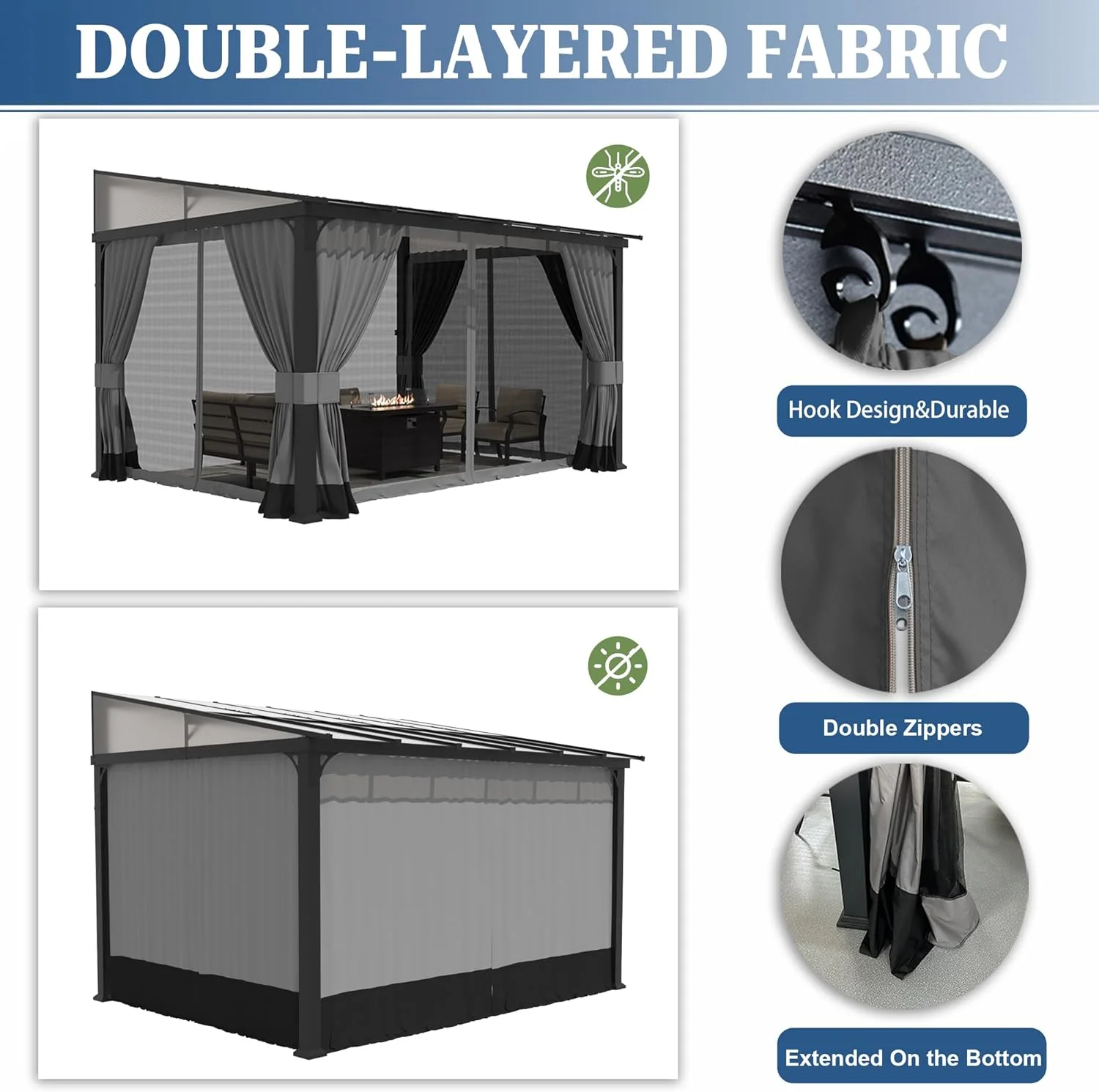 Outdoor Lean to Gazebo 10x24FT, Hardtop Wall Mounted Gazebo with Sloping Sun Panel Roof, Awnings for Patio with Metal Frame, Double Curtains for Garden, Lawn, Backyard Deck, Grey