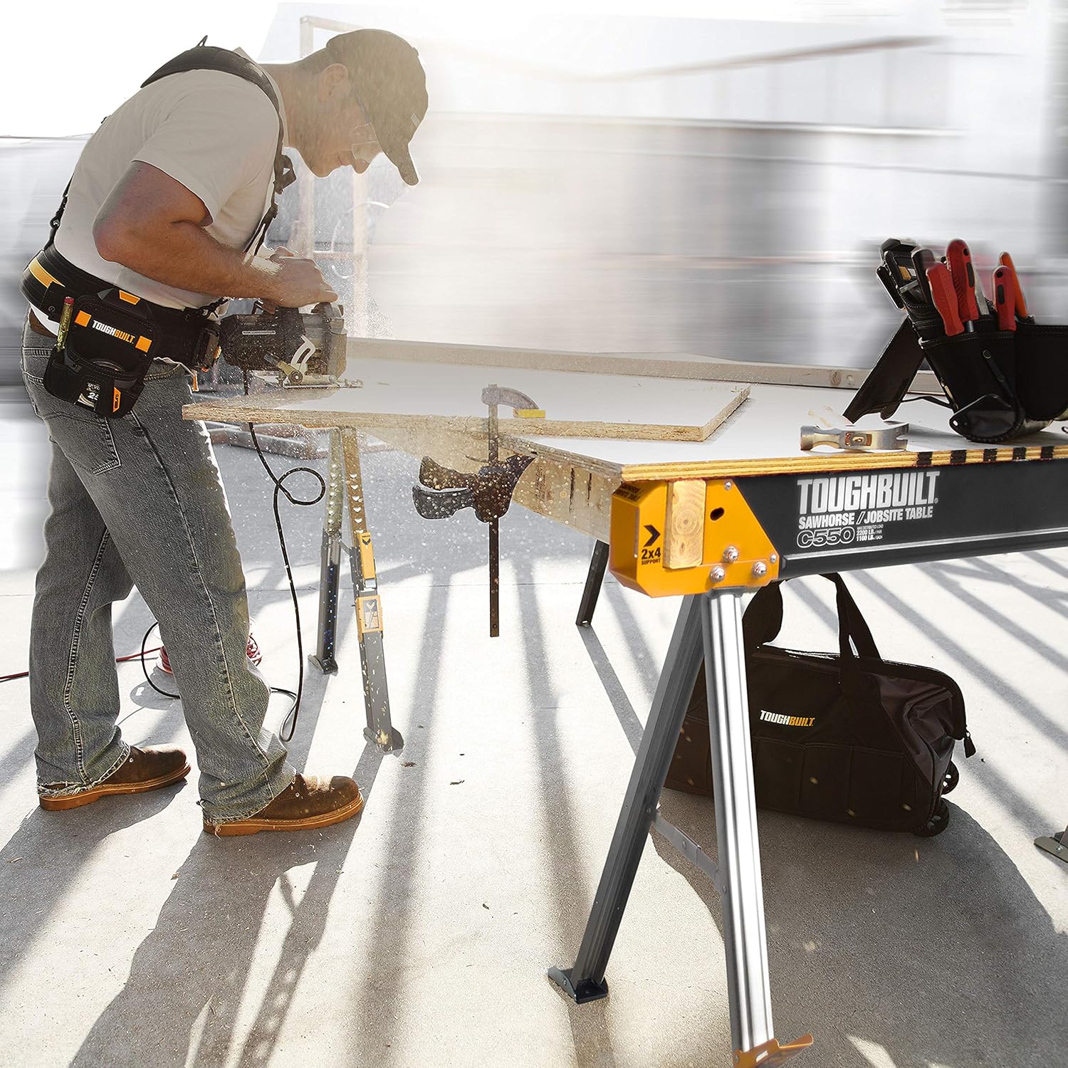 ToughBuilt - Folding Sawhorse/Jobsite Table - Sturdy, Durable, Lightweight, Heavy-Duty, 100% High Grade Steel, 41.5-Inch Easy Carry Handle - (TB-C550)