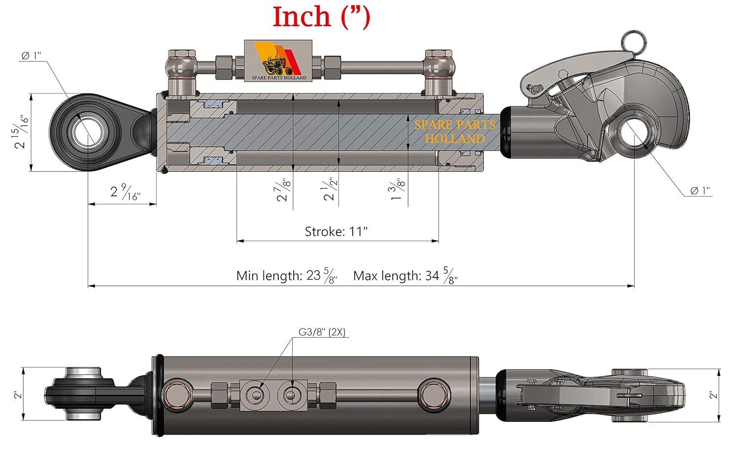 Hydraulic Top Link Cat. 2 + 2 Catch Hooks 23 5/8” - 34 5/8” Locking Block Hoses Stroke 11”