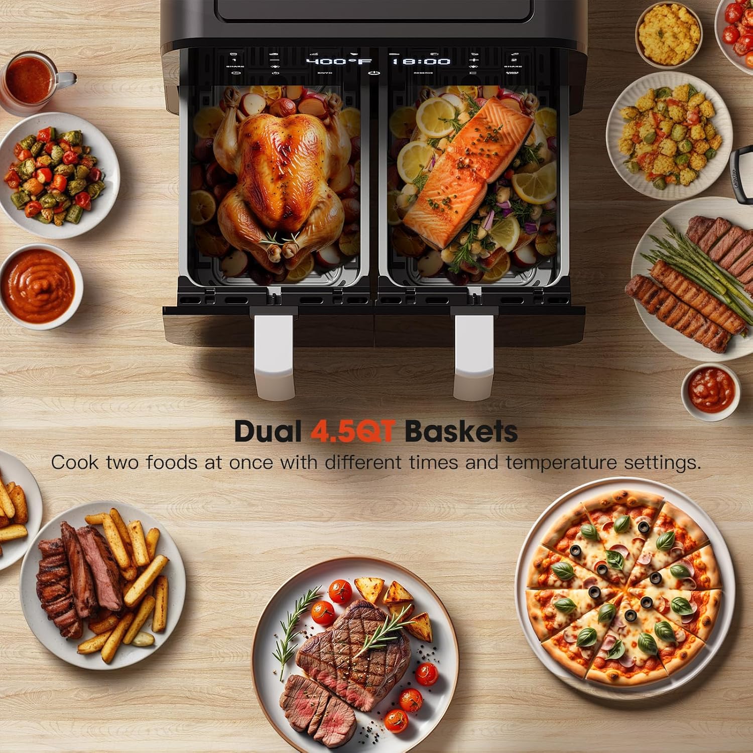 Dual Air Fryer 9 Qt, Dual Basket Air Fryer with Visible Window, Large Double 4.5 Qt Airfryer with Independent Temperature Control, 8-in-1 Functions that Crisps, Broils, Roasts, Dehydrate, Bake, Reheat