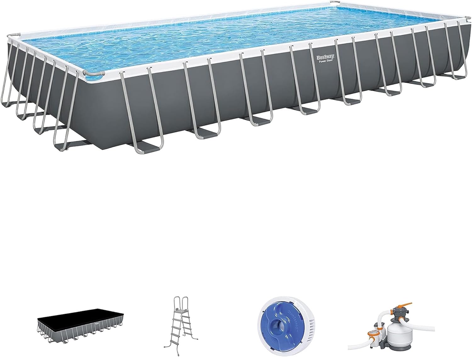 Bestway Power Steel 31' 4" x 16' x 52" Rectangular Metal Frame Above Ground Swimming Pool Set with 2,200 GPH Filter Pump, Ladder, and Pool Cover