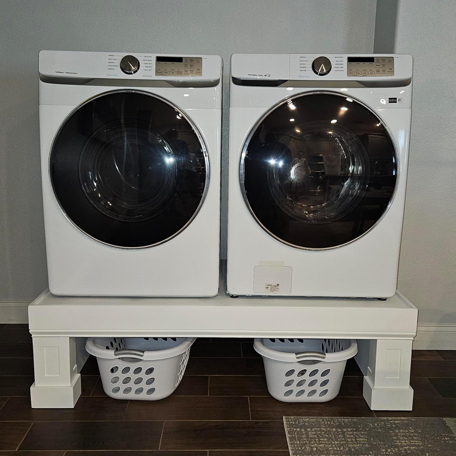 LaundryRise Handcrafted Laundry Washer and Dryer Pedestal Raiser Platform works with most of the Washers and Dryers Pair on the market Additional Laundry Storage made out of solid wood, 53-60" wide