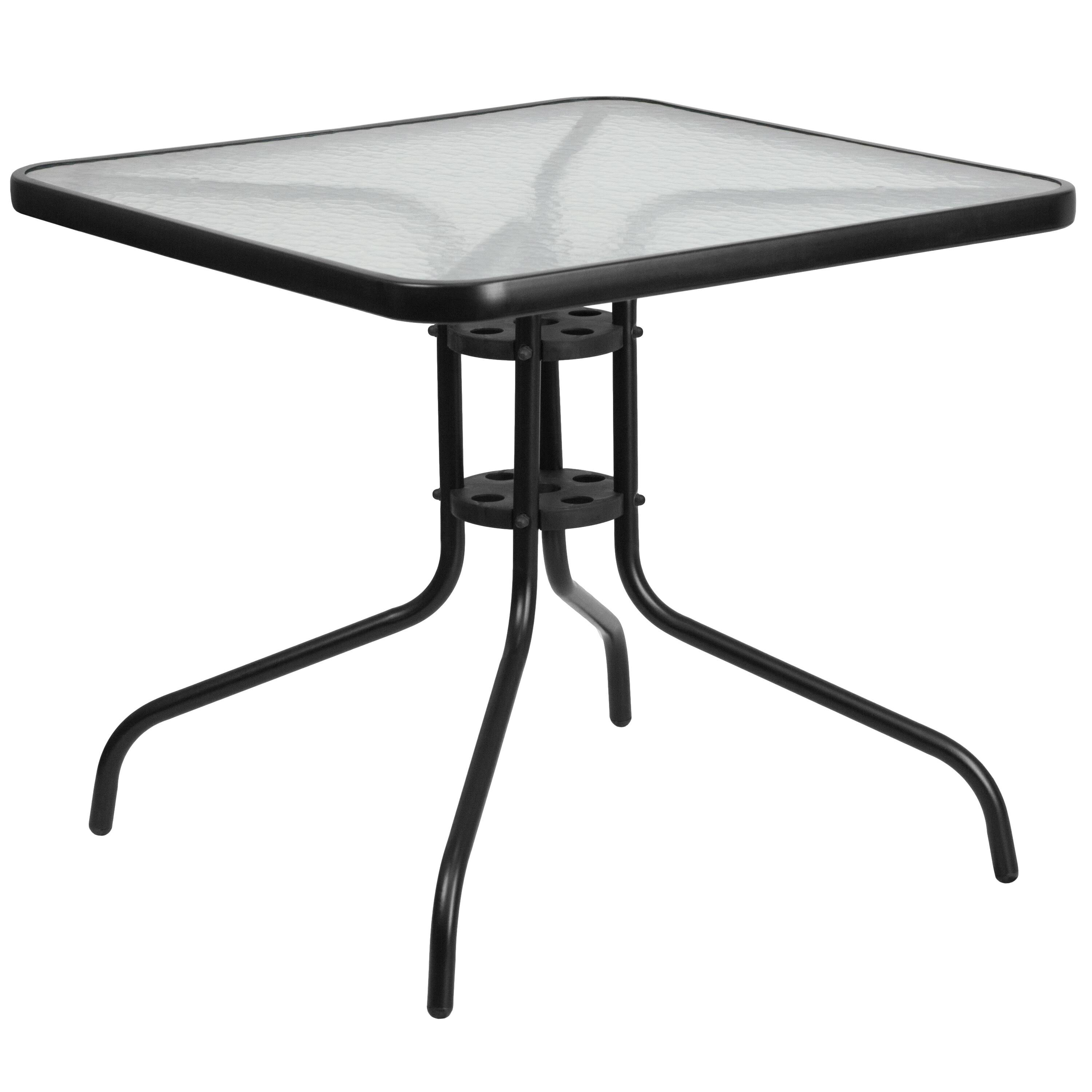 Lancaster Home 31.5-inch Square Glass Metal Table with 4 Metal Aluminum Slat Stack Chairs, Black